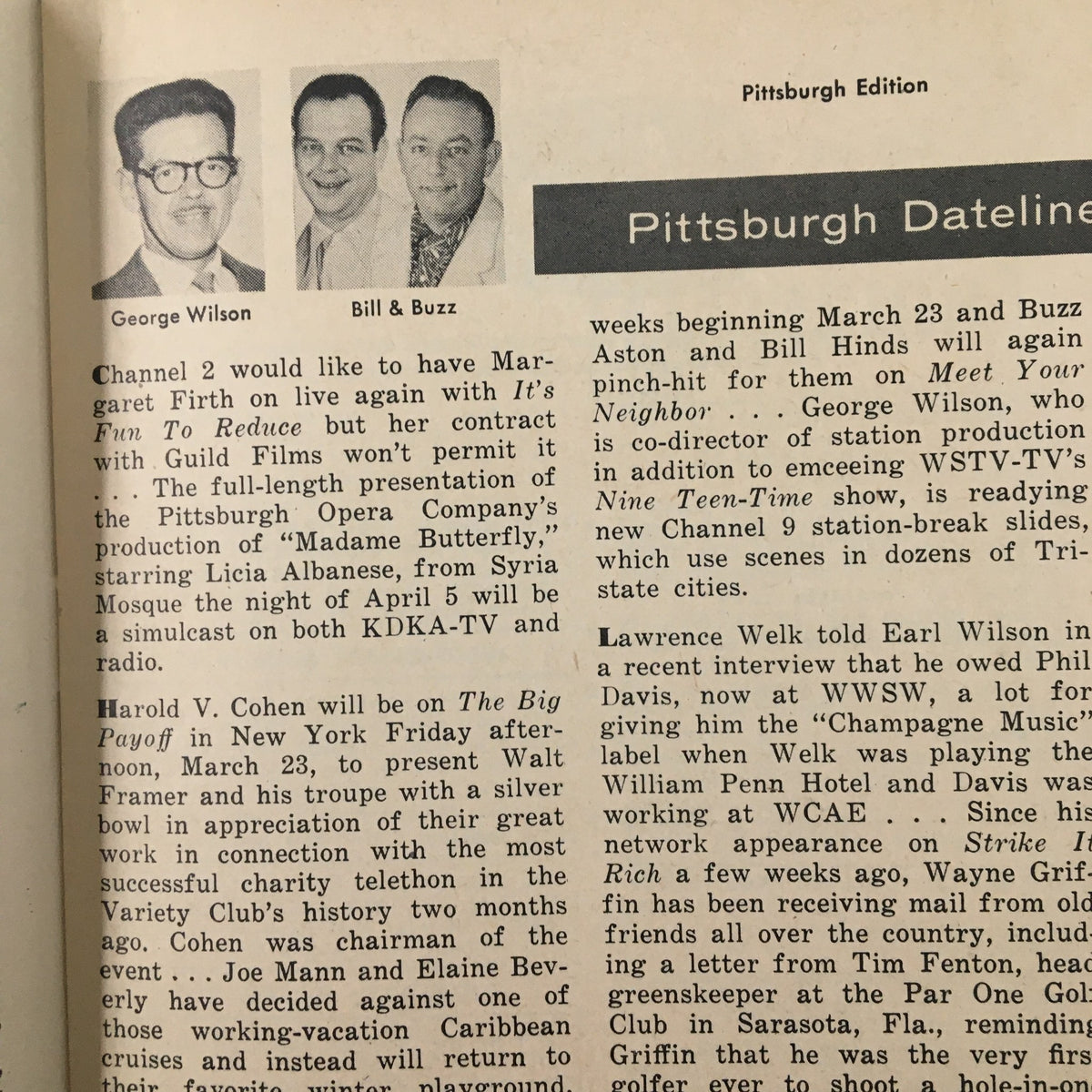 Continuation of Pittsburgh Dateline from TV Guide Magazine March 17 1956, detailing upcoming shows and key figures in local TV.