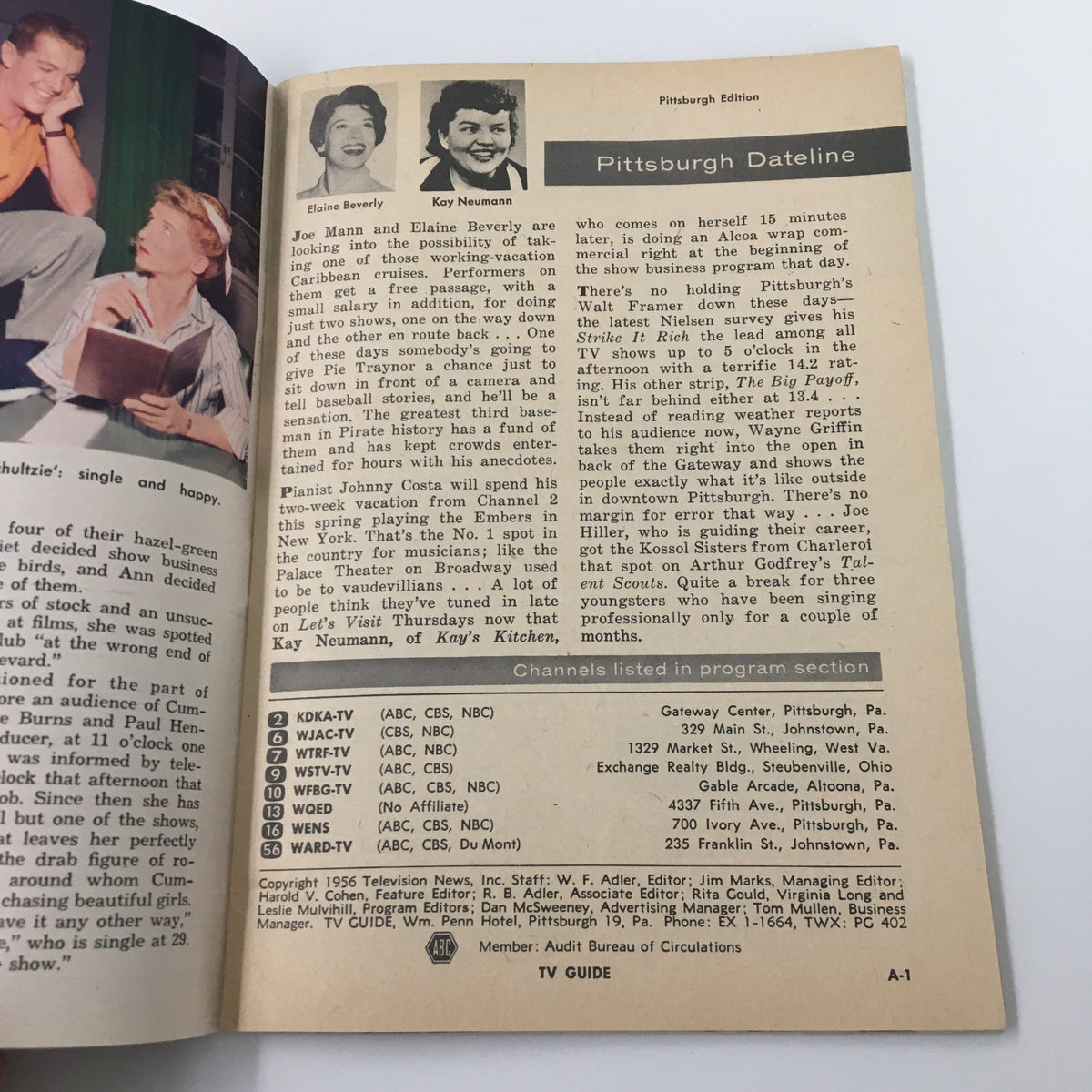 The Pittsburgh Dateline section from TV Guide Magazine March 3 1956, showcasing local programming details and cast information for the week, highlighting Elaine Beverly and Kay Neumann.