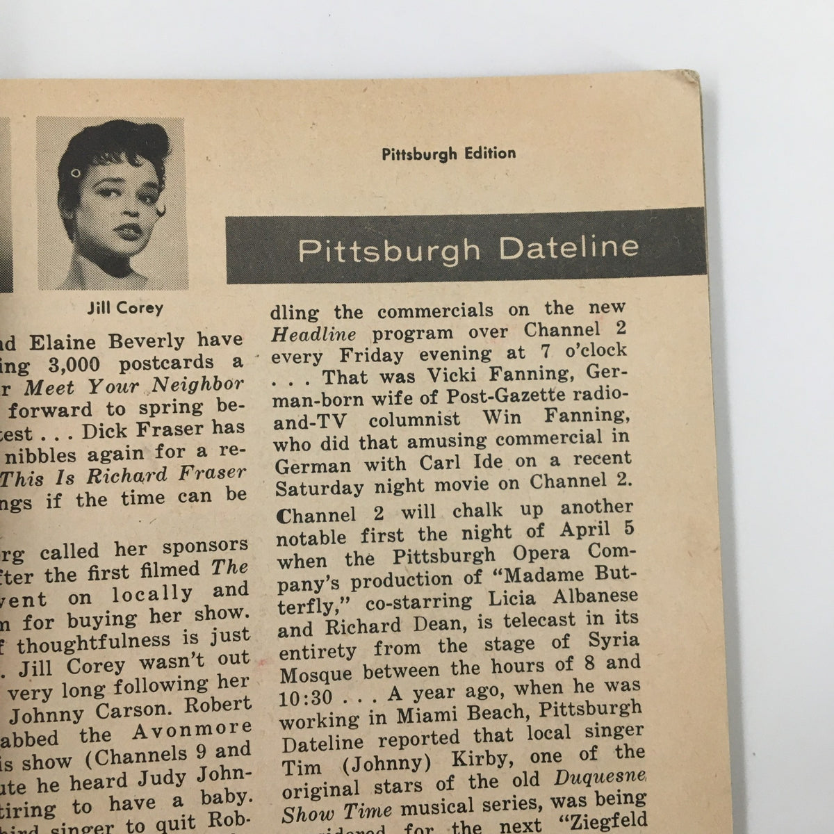 Content excerpt from TV Guide Magazine March 10 1956 featuring Jill Corey and Pittsburgh Dateline news, highlighting television programming of the era.