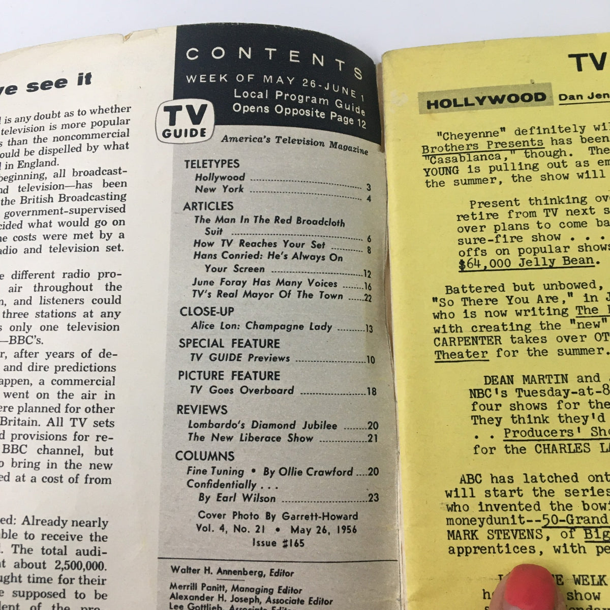 Inside content pages of TV Guide Magazine May 26 1956, displaying articles and program listings, including a close-up feature on Alice Lon. This magazine provides a glimpse into 1950s television history.