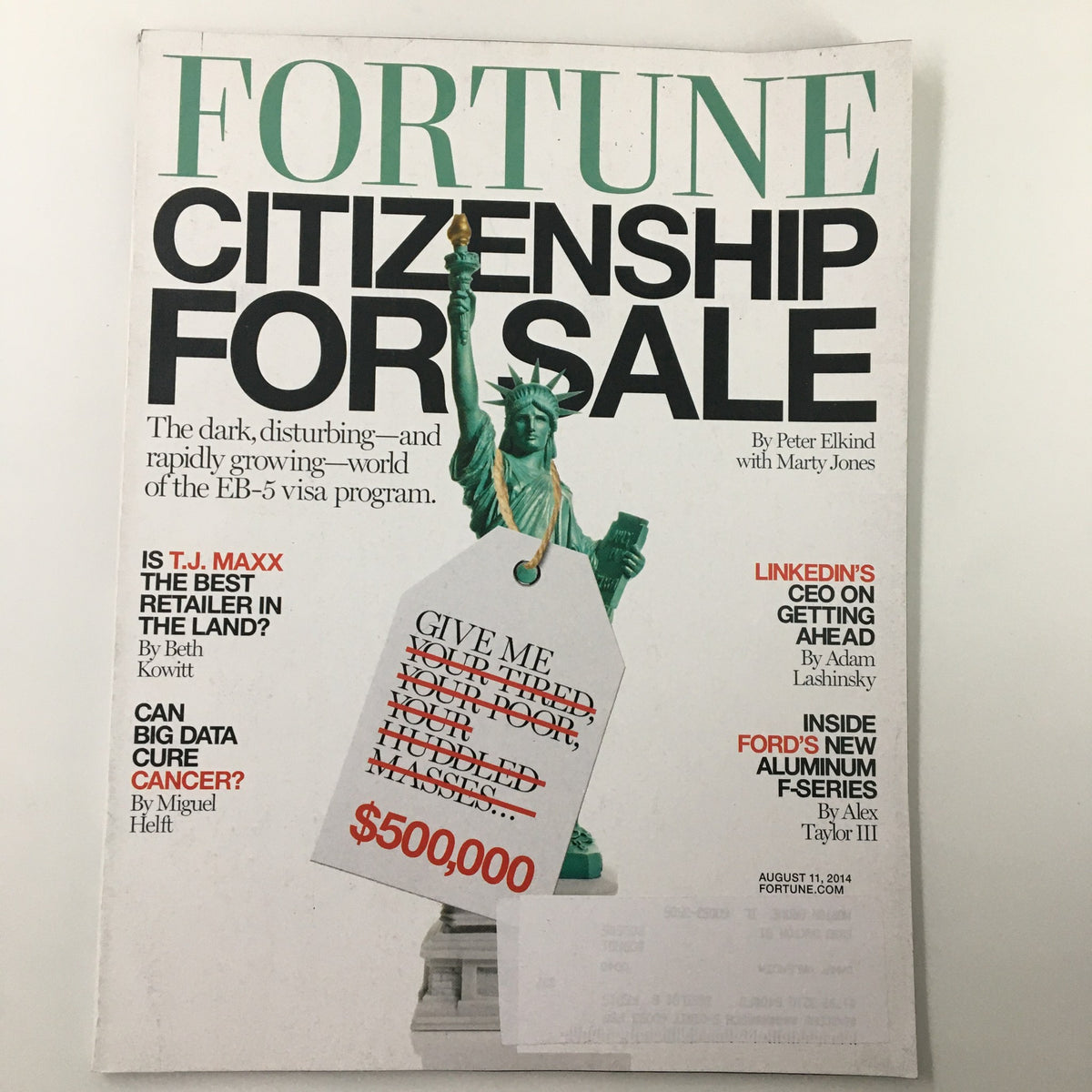 Cover of Fortune Magazine from August 11, 2014, featuring the title 'Citizenship for Sale' and discussing the EB-5 Visa Program with a featured statue of liberty image and a price tag of $500,000.