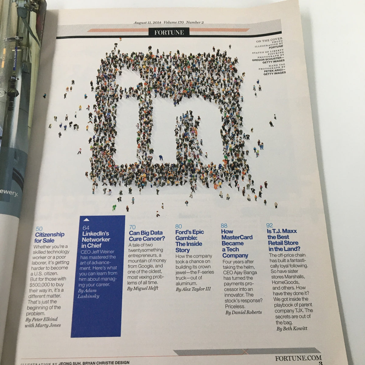 Inside page of Fortune Magazine dated August 11, 2014, showcasing articles including 'Citizenship for Sale' related to the EB-5 Visa Program and featuring an artistic representation of connected figures.