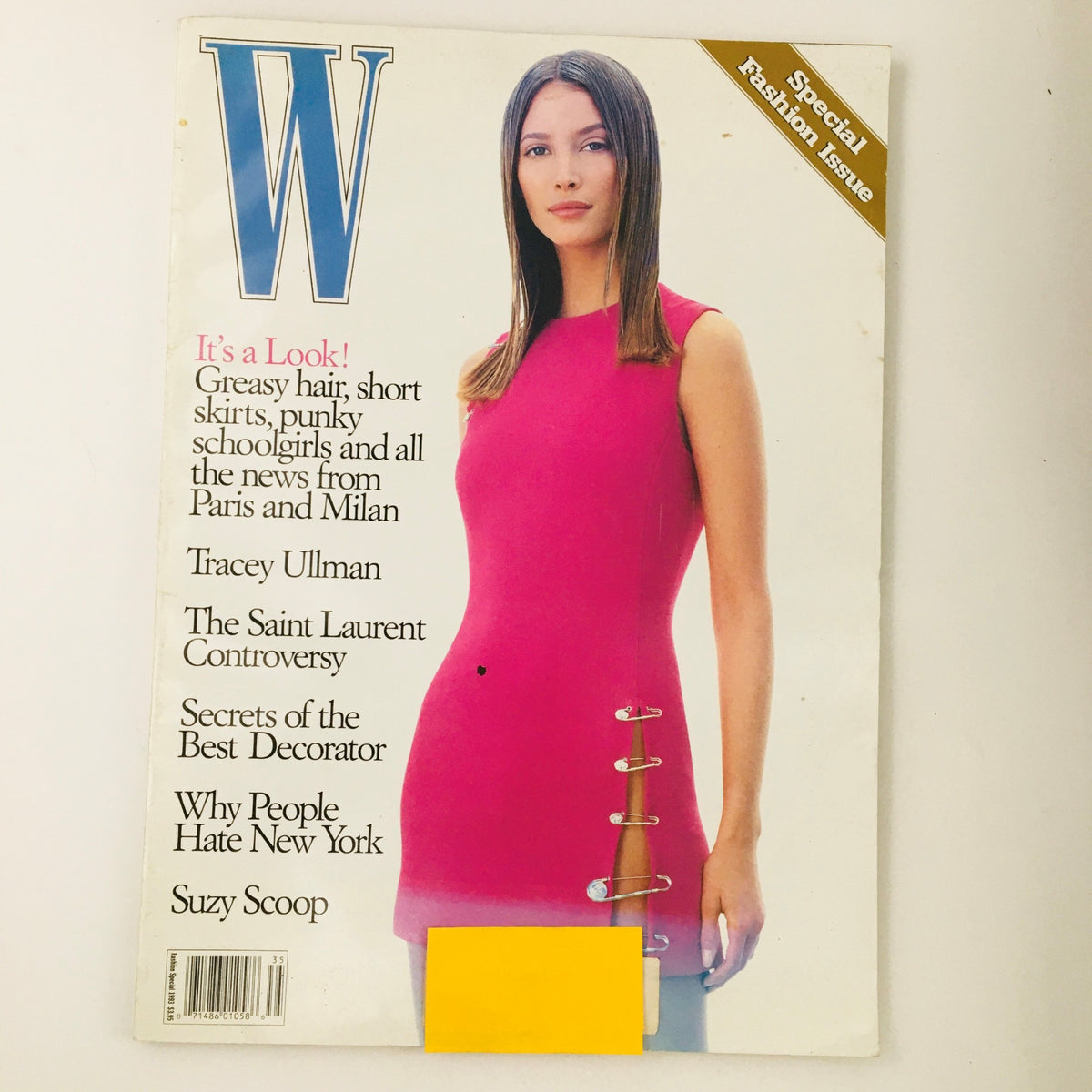 W Magazine Fashion Special 1993 featuring supermodel Christy Turlington on the cover, styled in a vibrant pink dress. The magazine includes contributions from Tracey Ullman and highlights 1990s fashion trends, capturing the essence of the era.