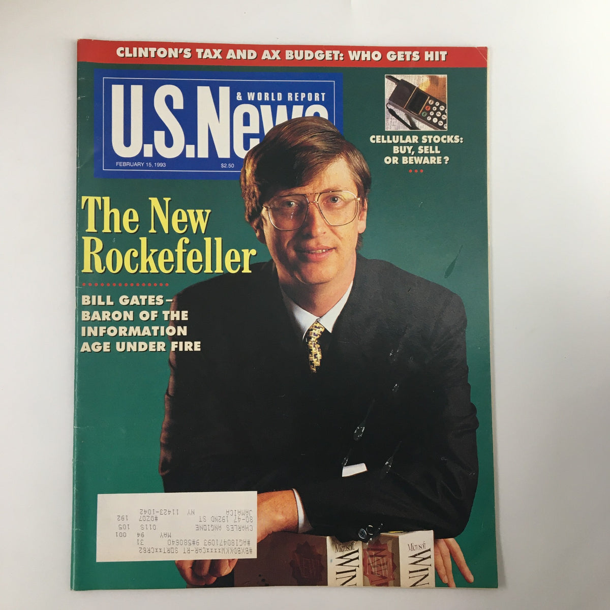 Cover of US News & World Report Magazine dated February 15, 1993 featuring the title 'The New Rockefeller' with Bill Gates, Baron of Microsoft under Fire.