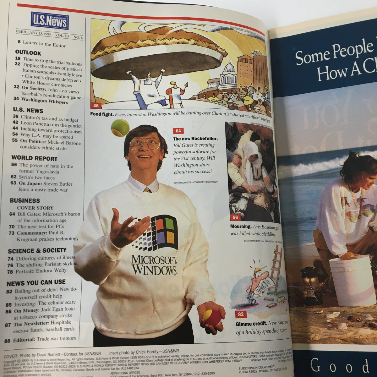 Interior page of US News & World Report Magazine from February 15, 1993 presenting a feature on Bill Gates, titled 'The new Rockefeller', showcasing Gates in a Microsoft Windows sweatshirt.