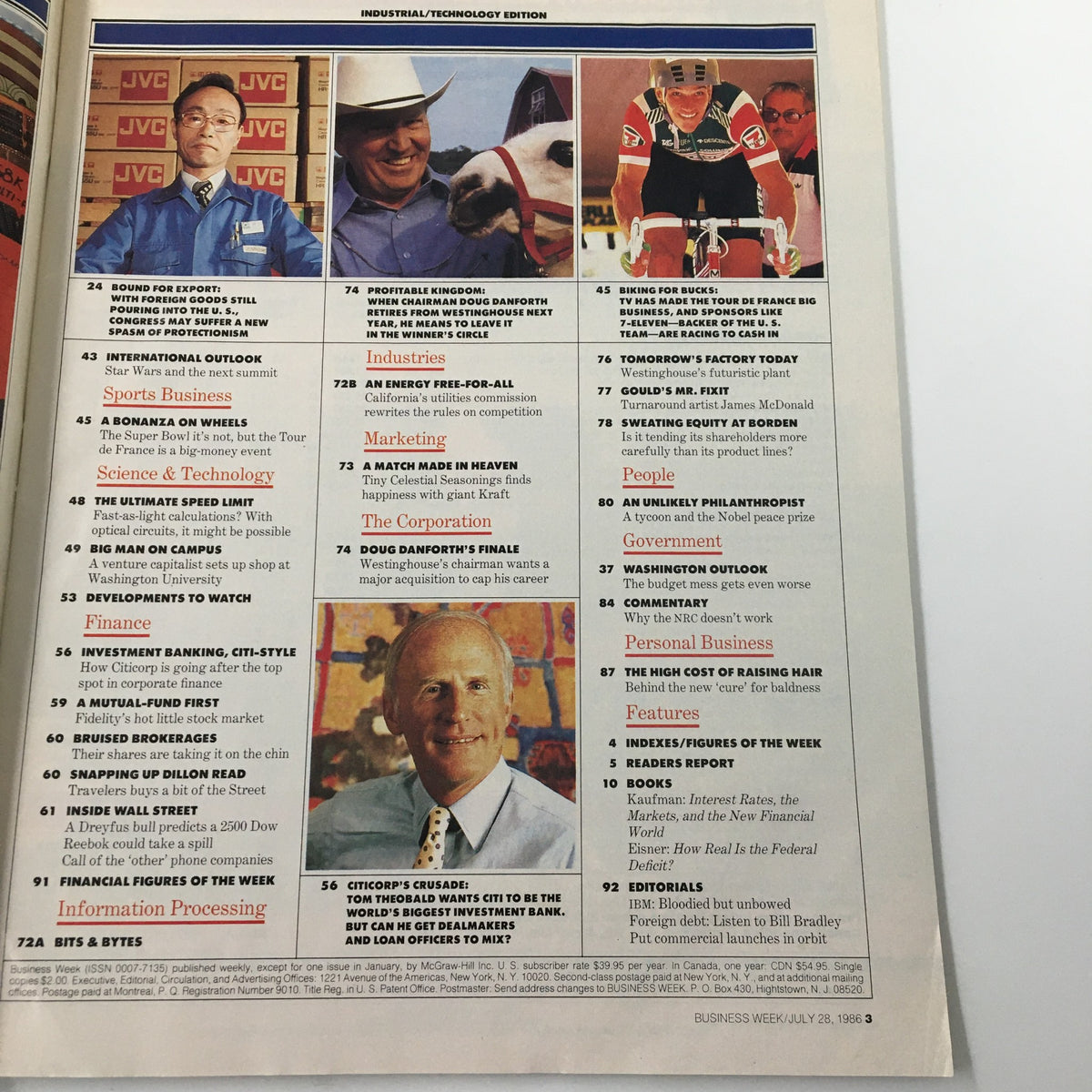 Another inside page of Business Week Magazine July 28, 1986, displaying various articles including one on 'IBM vs The Clones' and featuring prominent figures and statistics from the tech industry.