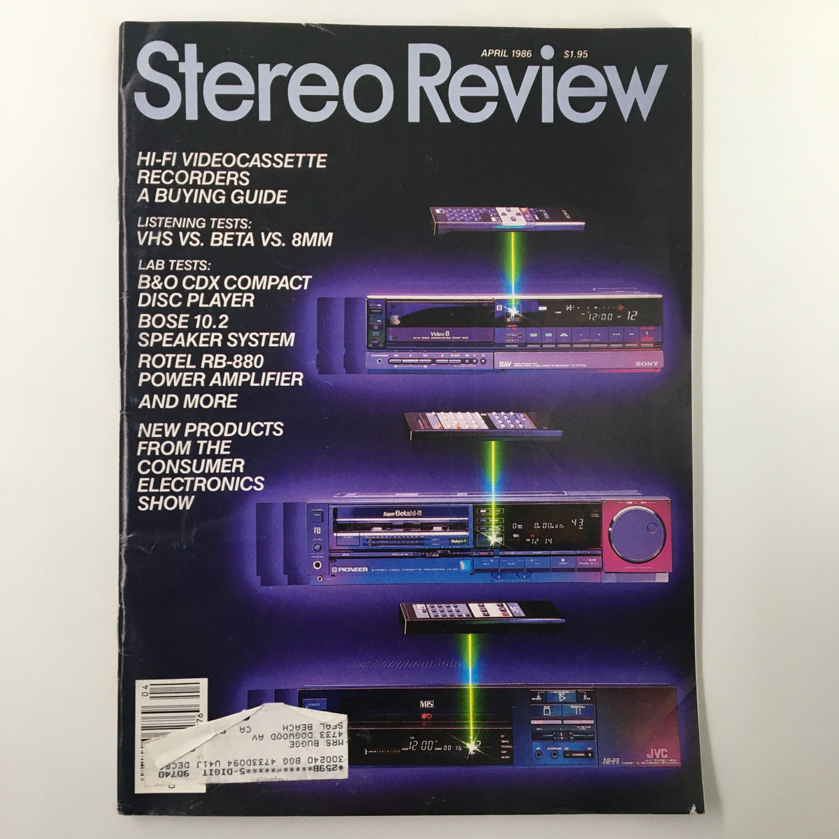 Cover of Stereo Review Magazine April 1986 featuring the Hi-Fi Videocassette Recorder's Buying Guide, showcasing various VHS and Hi-Fi video recorder models with colorful graphics.