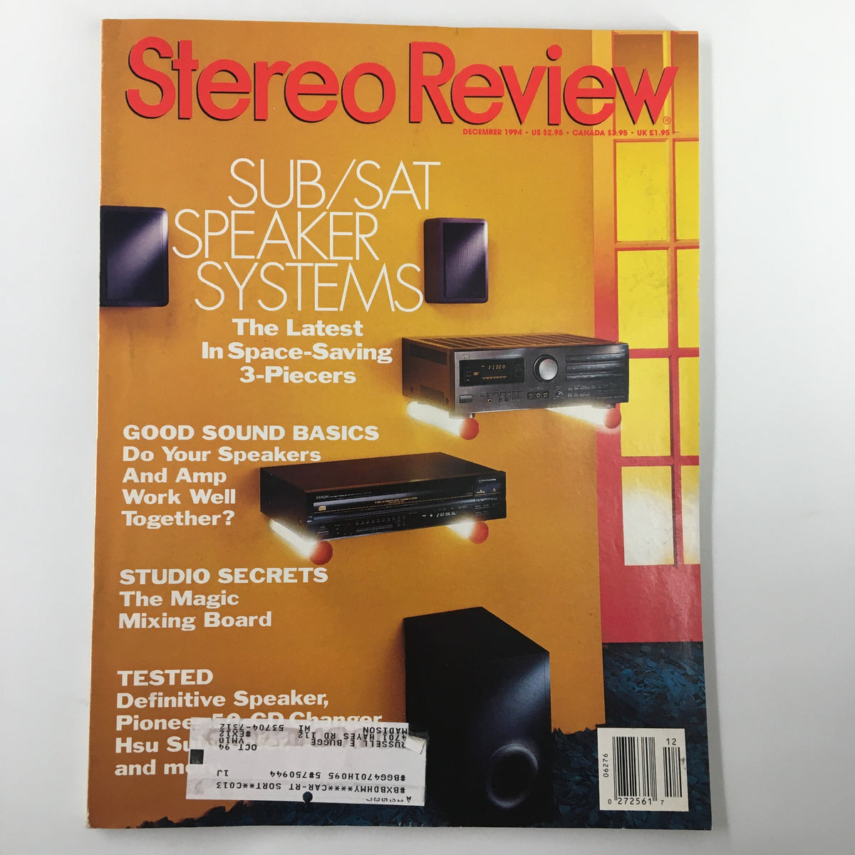 Cover of Stereo Review Magazine December 1994 featuring 'Sub/Sat Speaker Systems' and 'The Latest In Space-Saving 3-Piecers' highlighting audio equipment.