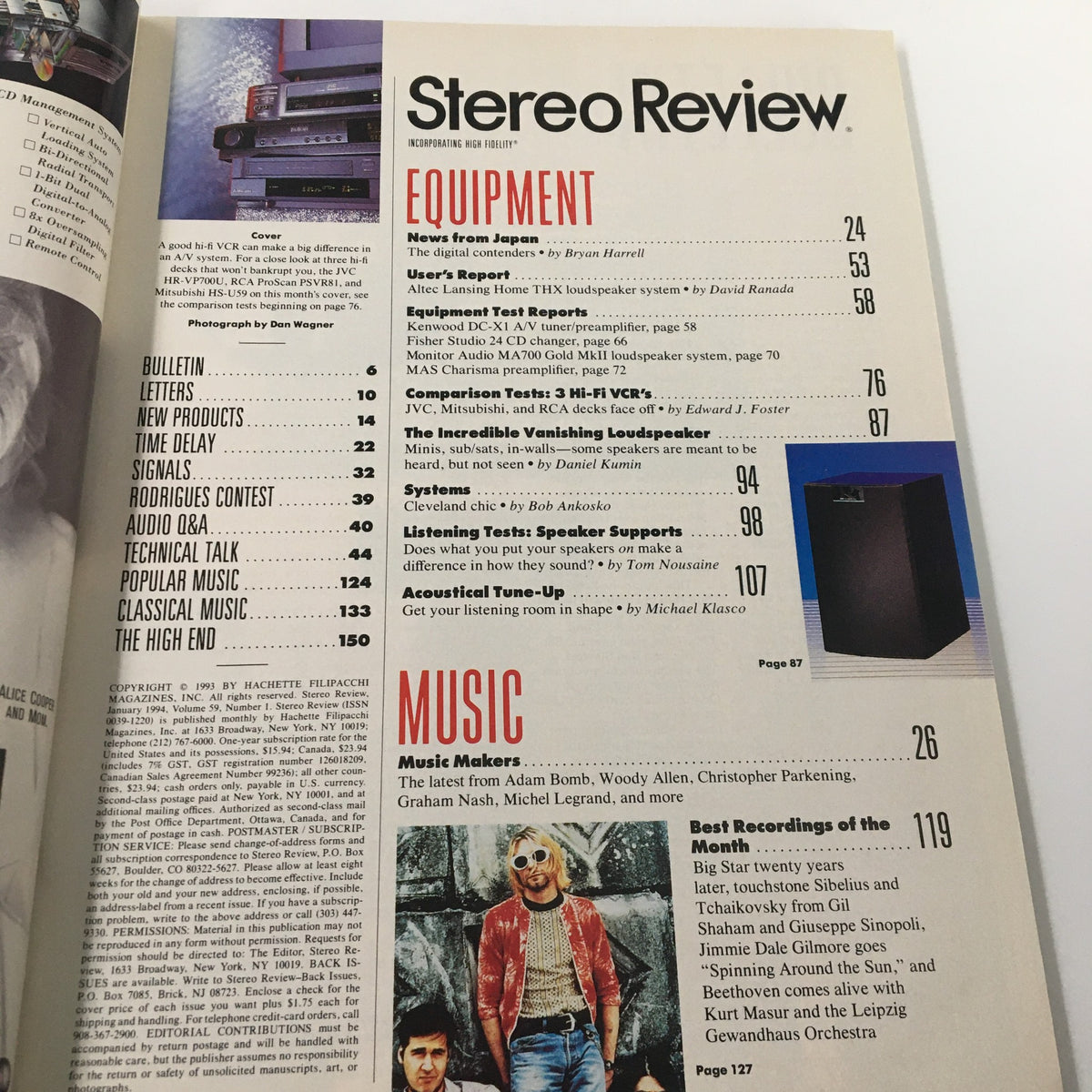 Inside page of Stereo Review Magazine January 1994 showcasing equipment reviews and features.