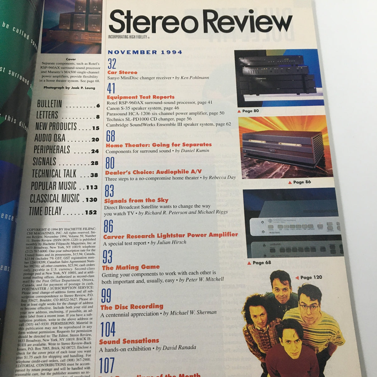 Table of contents from Stereo Review Magazine, November 1994, showcasing various articles including 'Home Theater: Going for Separates' and 'The Mating Game' related to audio component compatibility.