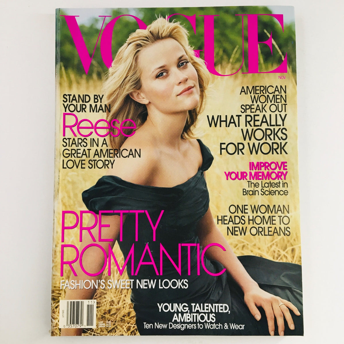 Vogue Magazine November 2005 featuring American actress Reese Witherspoon on the cover, highlighting her beauty and style with the headline 'Pretty Romantic'. The magazine is in very good condition, showcasing fashion and lifestyle content.
