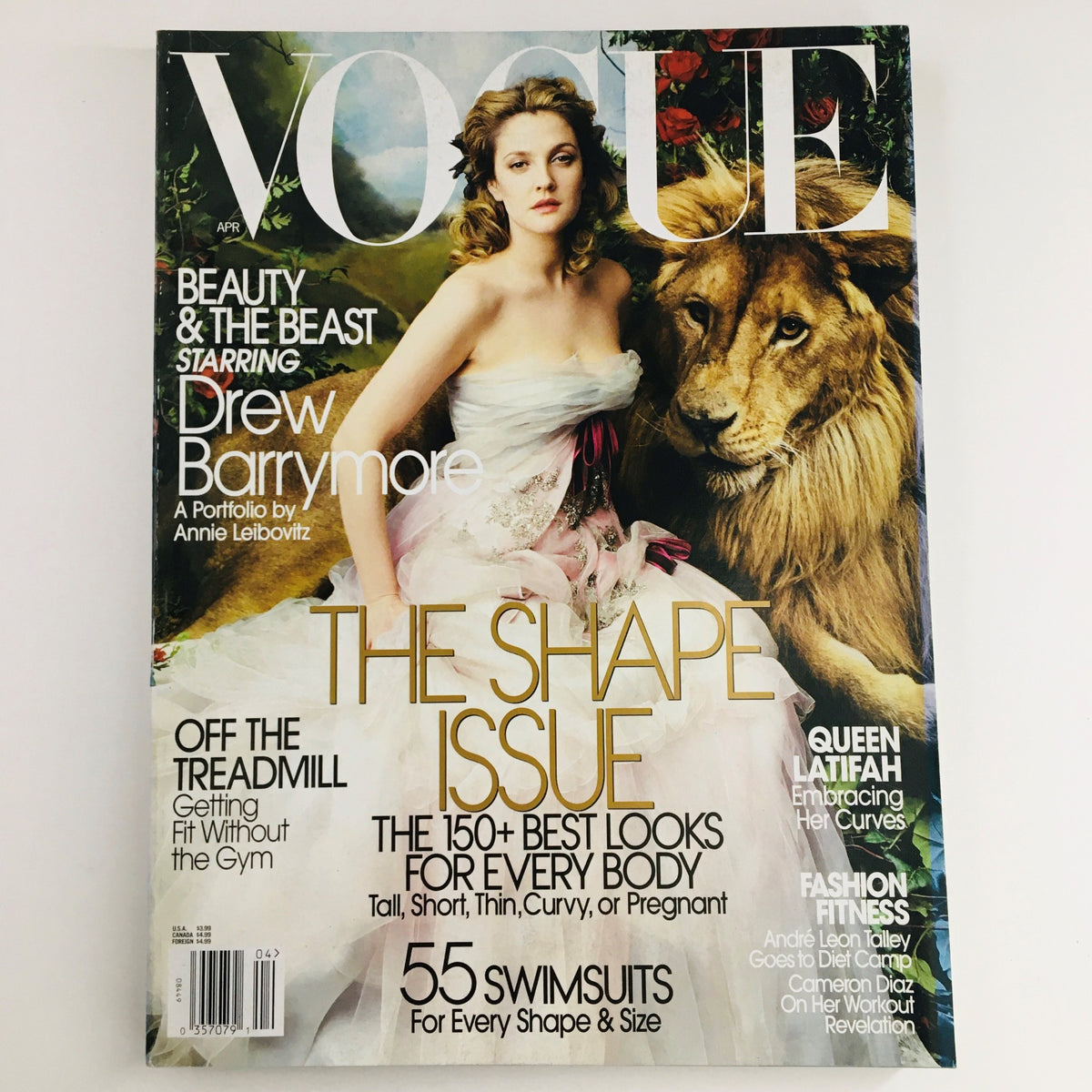 Vogue Magazine April 2005 cover featuring American actress Drew Barrymore, showcasing fashion and celebrity culture in the iconic Shape Issue.