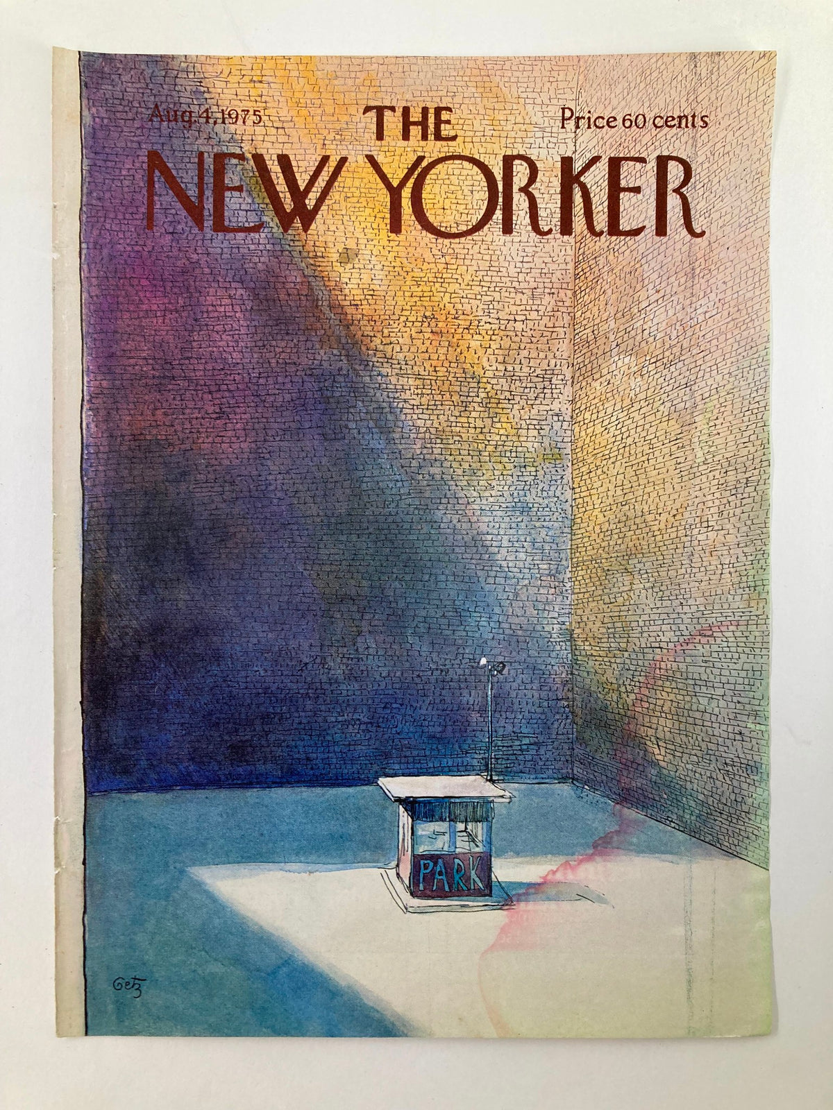 COVER ONLY The New Yorker August 4 1975 The Parking Lot by Arthur Getz, showcasing the artful depiction of a parking spot and vibrant walls in a nostalgic style.