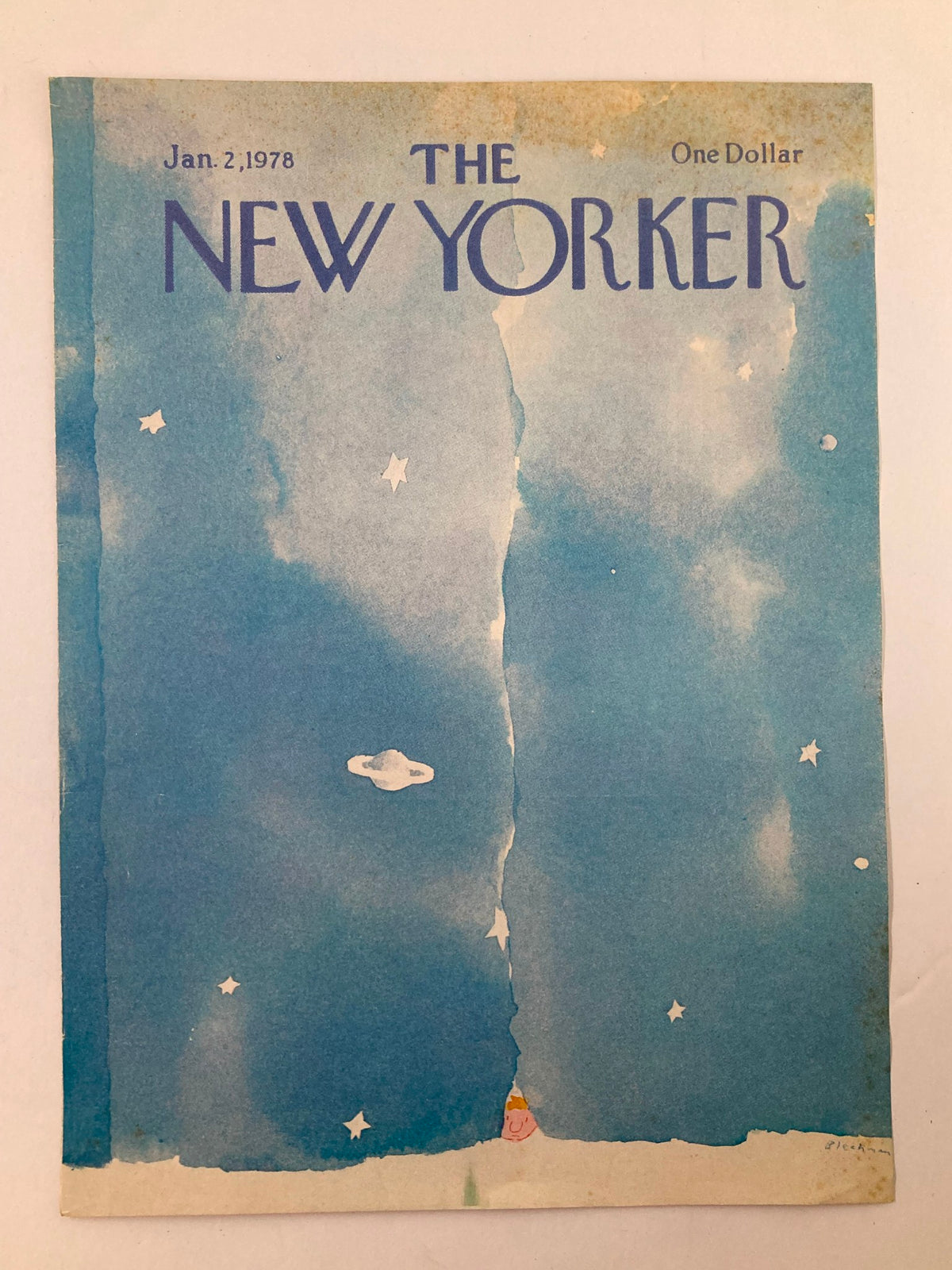 Second view of The New Yorker January 2, 1978, cover art by R.O. Blechman, illustrating a whimsical Galaxy View with a blue backdrop.