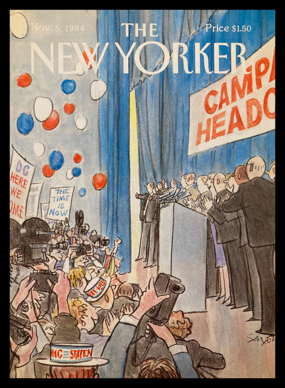 Cover only The New Yorker November 5 1984 titled 'Campaign HQ' by Charles Saxon, featuring a political rally scene with balloons and a crowd taking photos.