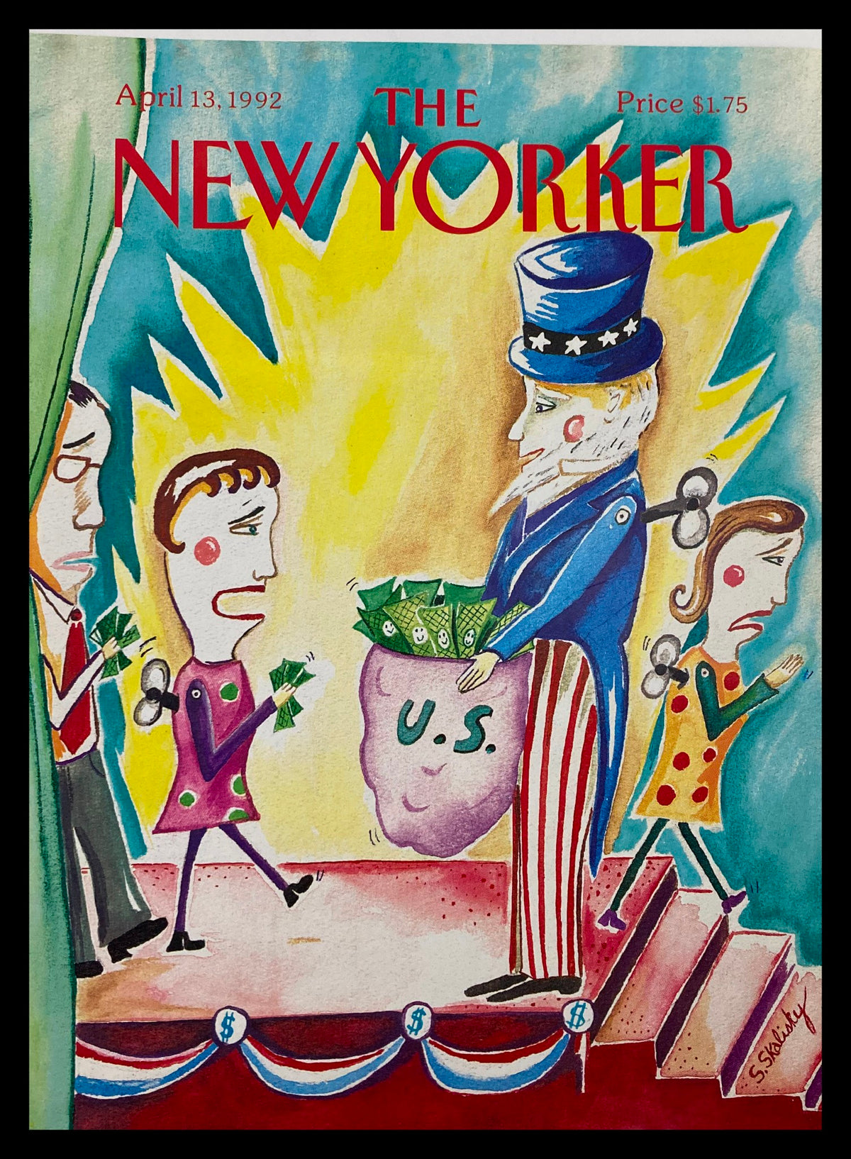 Cover of The New Yorker April 13 1992 featuring an illustration by Stephanie Skalisky depicting Uncle Sam with a money bag labeled U.S., surrounded by characters portraying a theme on money donation.