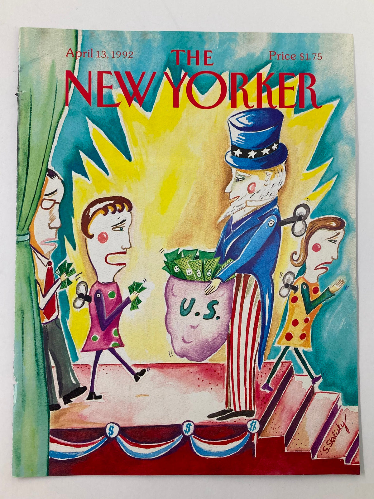 Cover of The New Yorker April 13 1992 showcasing art by Stephanie Skalisky, illustrating Uncle Sam holding a bag of money labeled U.S., with foreground characters discussing money donation.