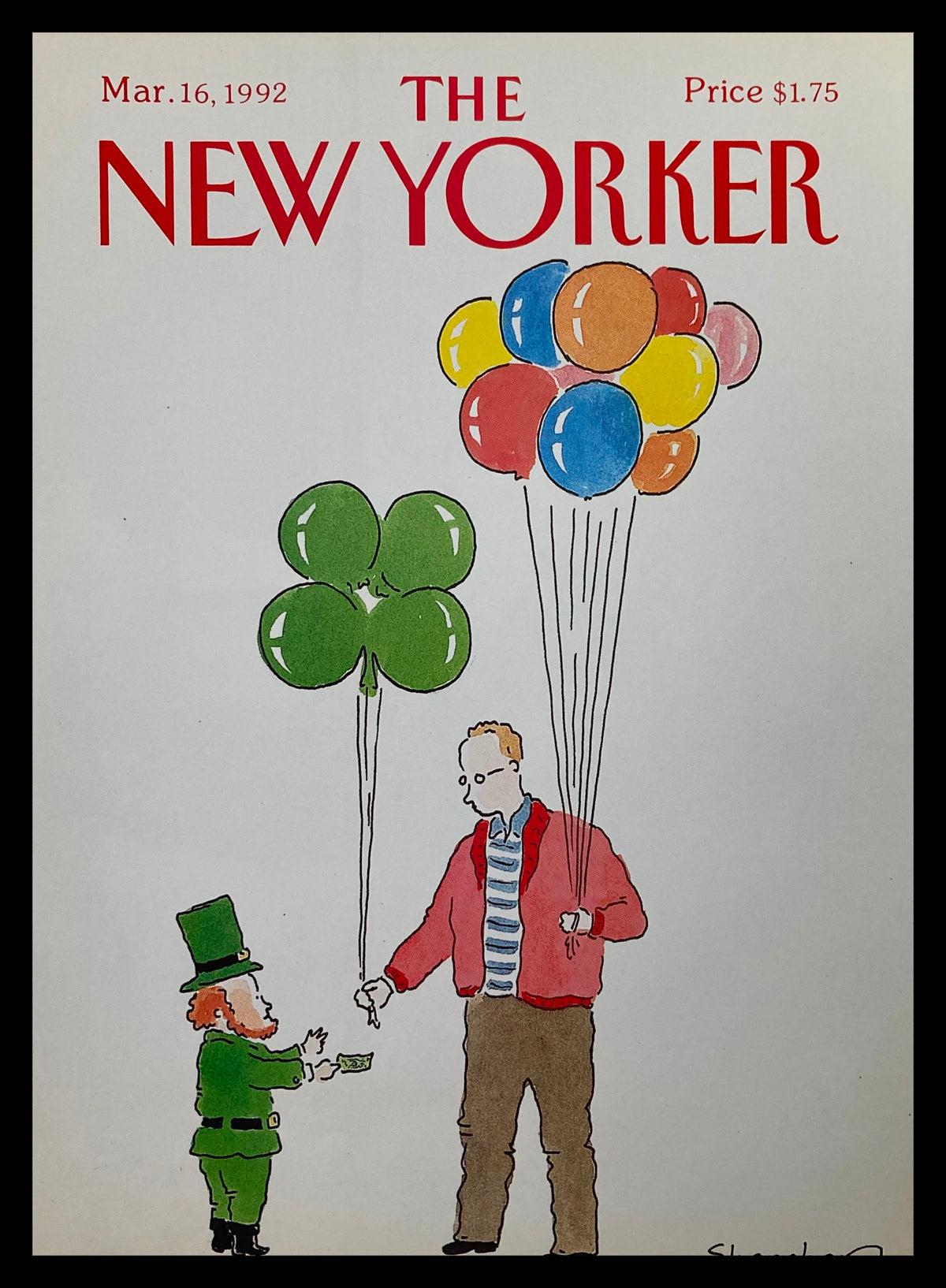 Cover only of The New Yorker dated March 16, 1992, featuring a St. Patrick's Day theme. The illustration shows a leprechaun in a green suit interacting with a man holding colorful balloons, capturing the festive spirit.
