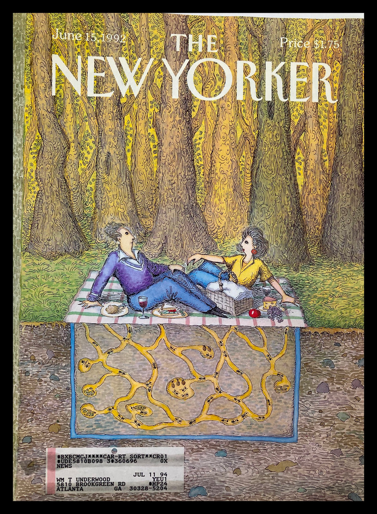 COVER ONLY The New Yorker June 15 1992 featuring an artistic illustration of a picnic scene with two figures on a blanket, surrounded by trees, designed by John O'Brien.