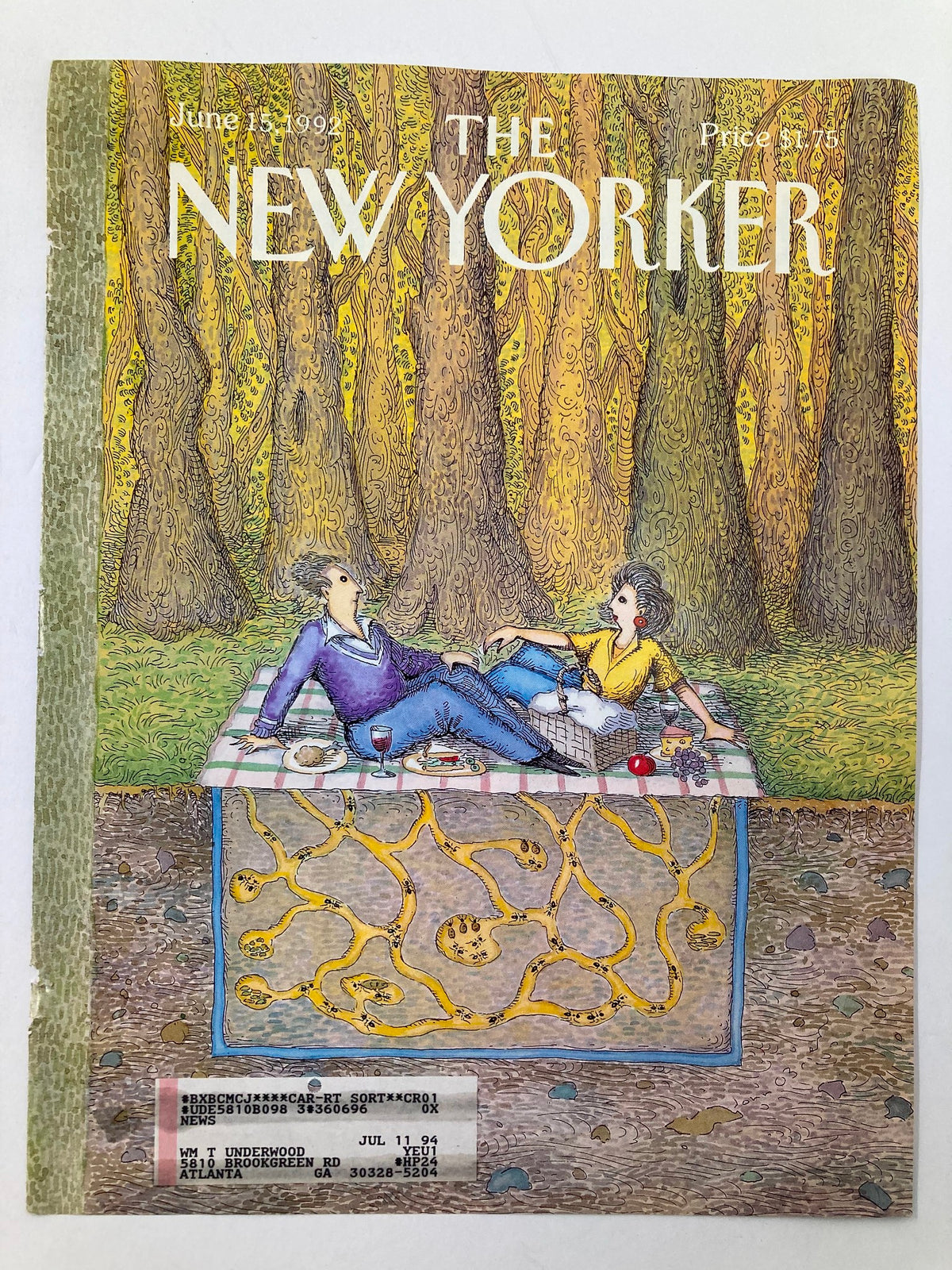 COVER ONLY The New Yorker June 15 1992 showcasing a colorful illustration of a picnic in the woods, including two characters and an ant farm design, by John O'Brien.