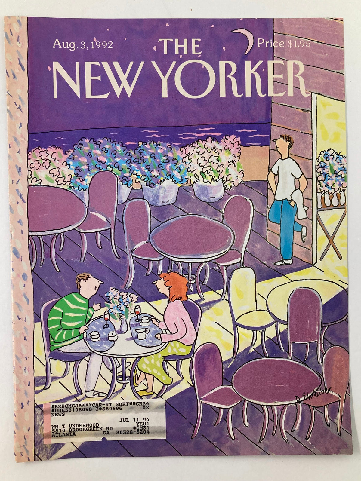 COVER ONLY The New Yorker August 3 1992 A Dinner Date by Devera Ehrenberg, showcasing a colorful illustration of a couple dining outdoors surrounded by flower arrangements and decorative tables.