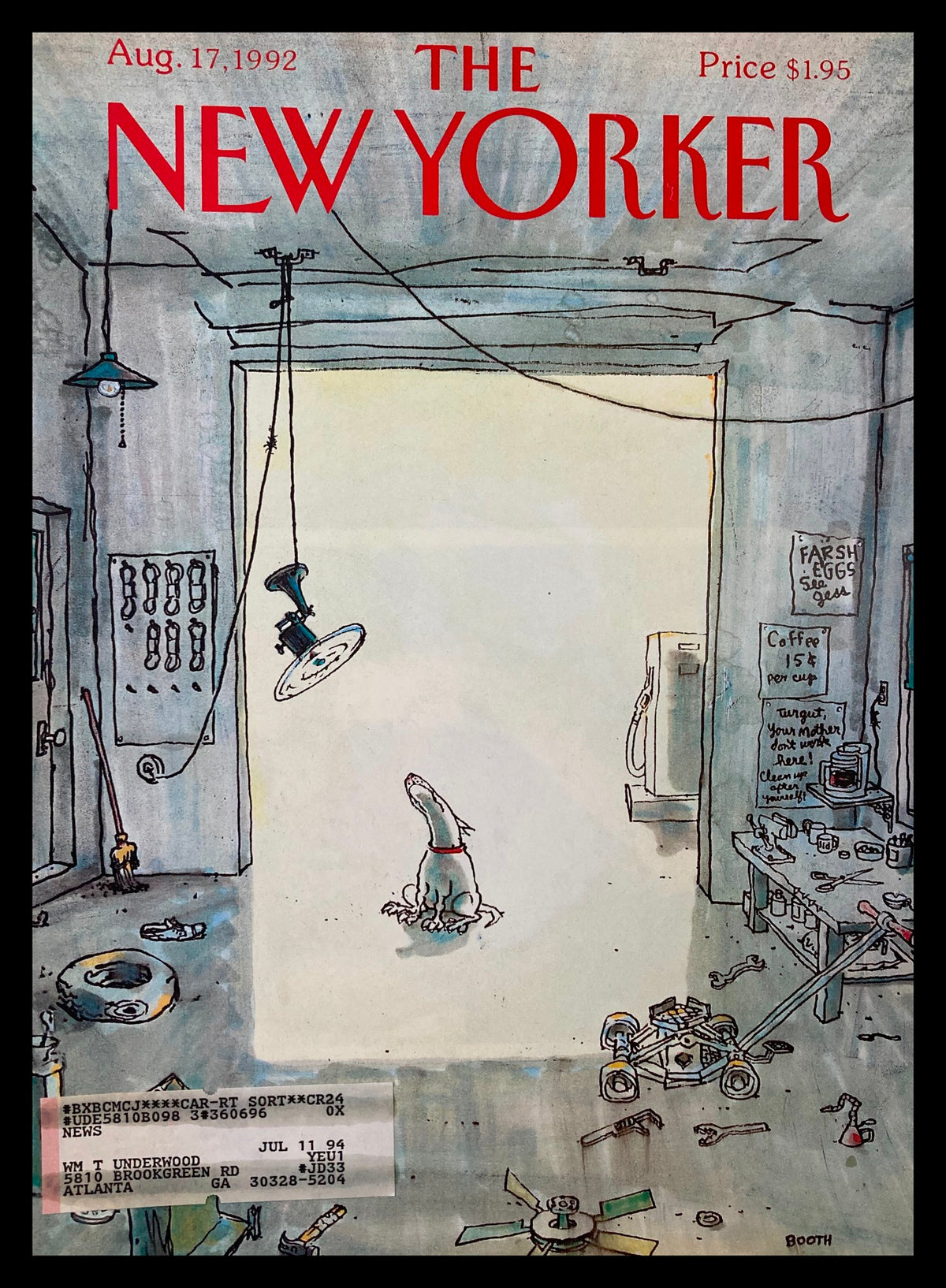 Cover of The New Yorker August 17, 1992 featuring the illustration 'Good Dog' by George Booth, depicting a whimsical scene with a dog and playful elements in a workshop setting.