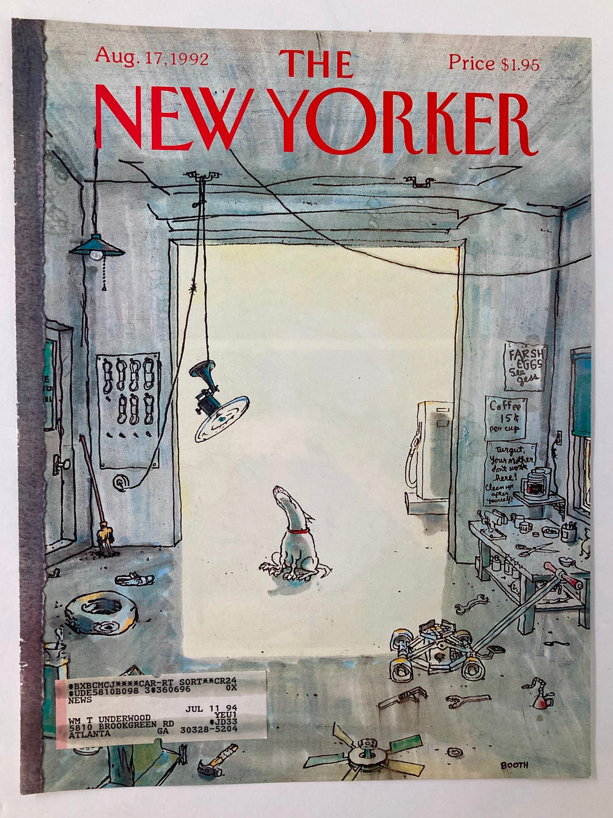 Cover of The New Yorker August 17, 1992 showing the artwork 'Good Dog' by George Booth, illustrating a humorous moment with a dog in a cluttered room filled with quirky objects.