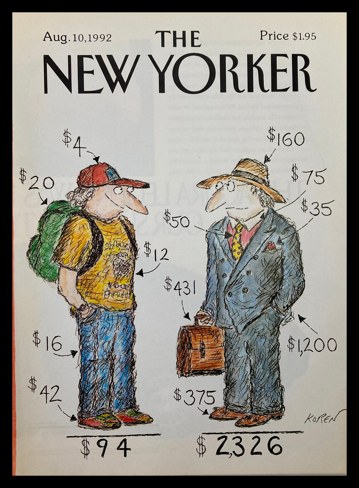 Cover of The New Yorker magazine, August 10, 1992, featuring Edward Korel's artwork titled 'The Criticism', depicting a humorous comparison between two characters with varying money values.