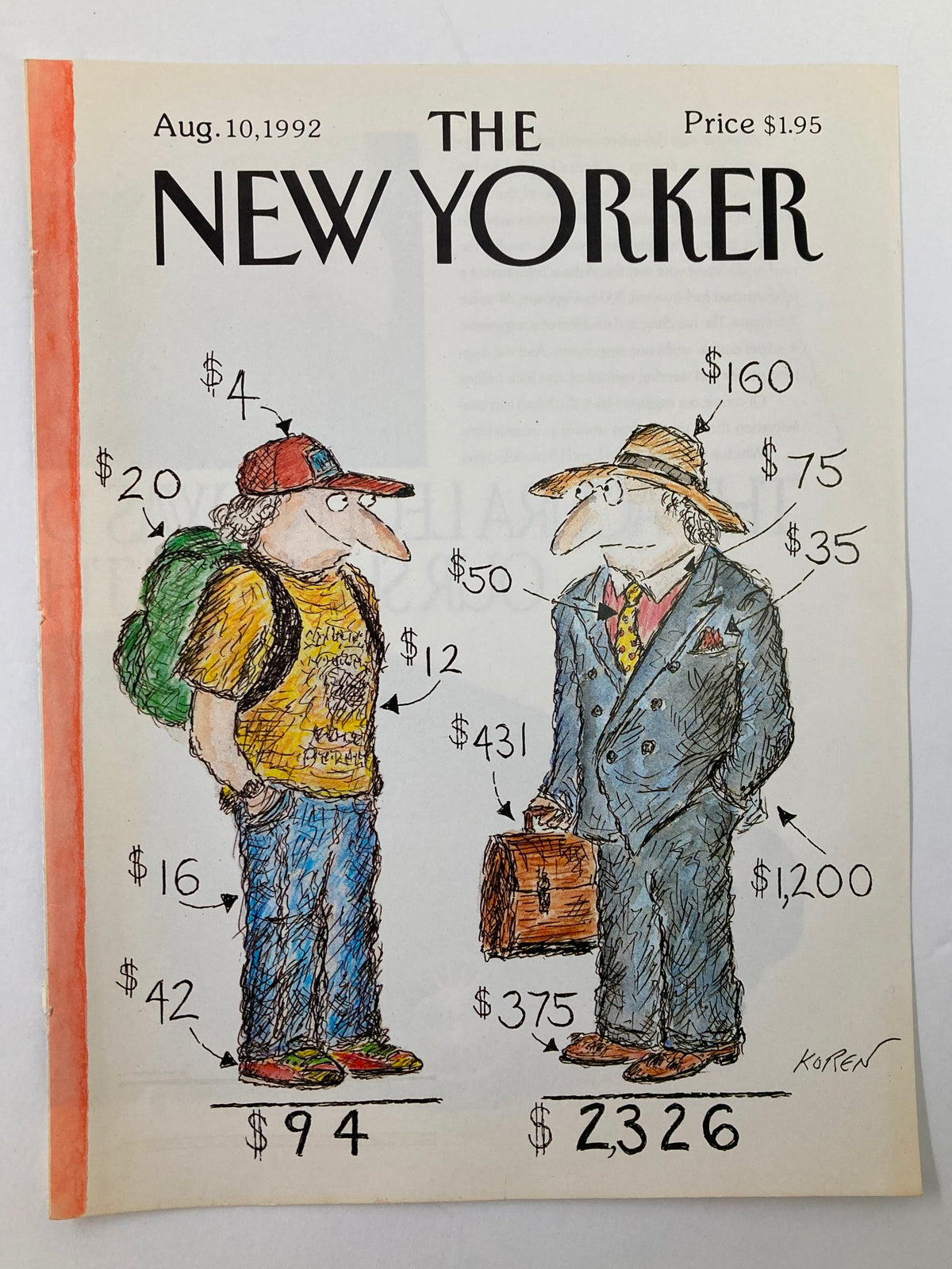 Cover of The New Yorker magazine, August 10, 1992, showcasing 'The Criticism' by Edward Korel, illustrating two characters with contrasting appearances and associated monetary amounts.