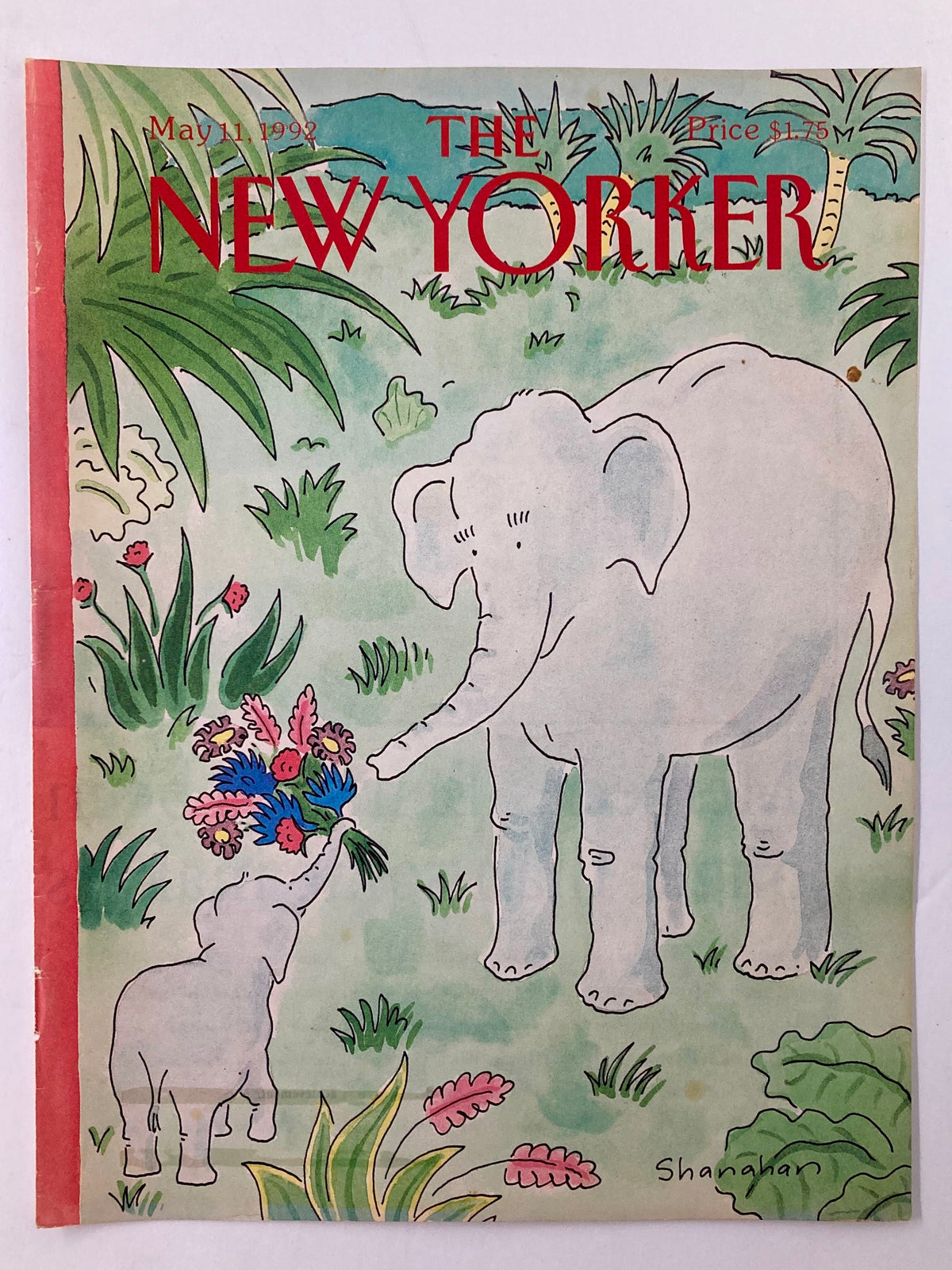Another view of the New Yorker cover dated May 11, 1992, showcasing a delightful Mother's Day moment between an adult elephant and a young elephant giving flowers, designed by artist Danny Shanahan.
