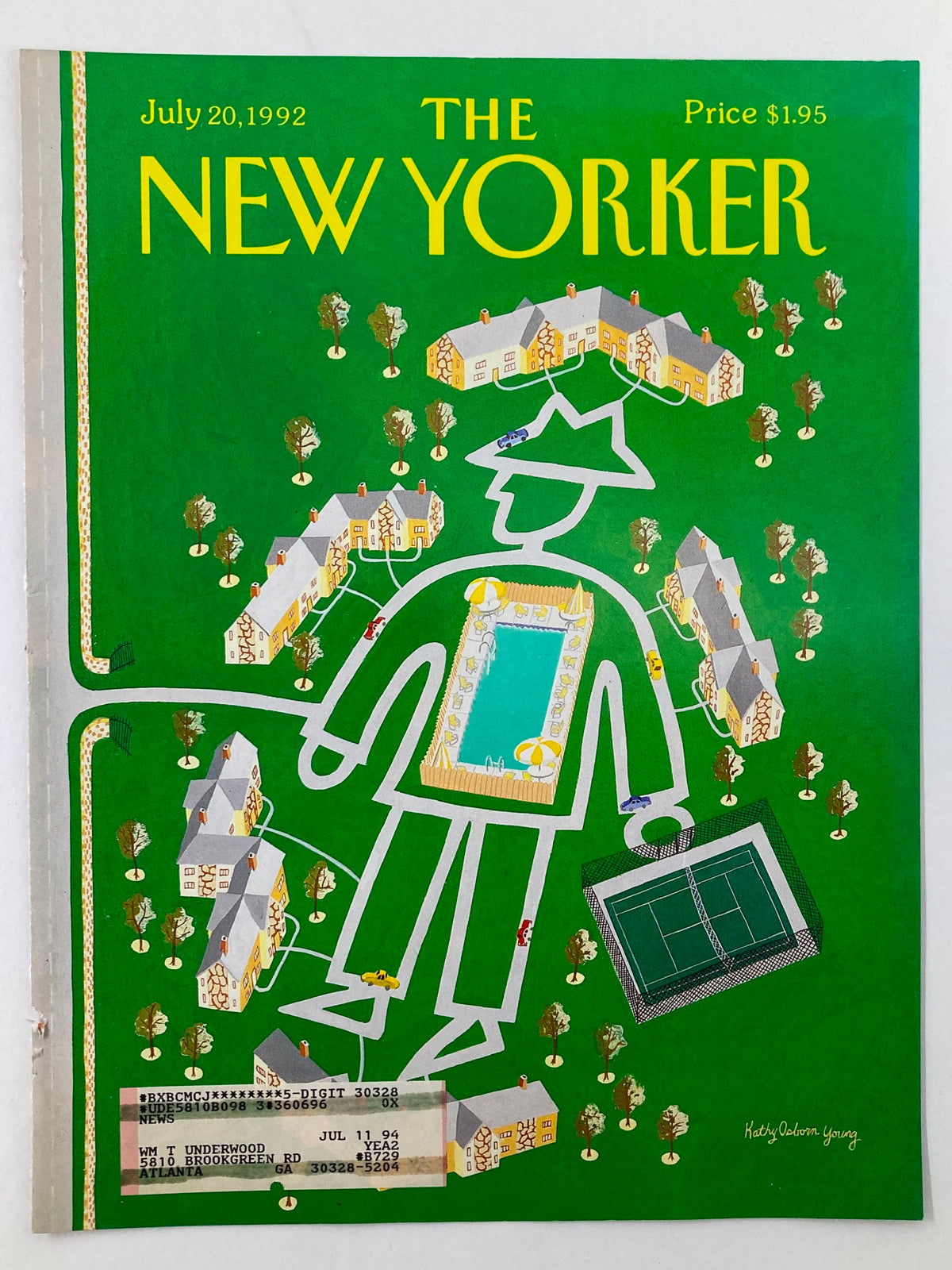 The New Yorker July 20 1992 cover titled 'Human Town' by Kathy Osborn Young, showcasing a colorful depiction of a figure in a stylized neighborhood with houses, trees, a swimming pool, and tennis court on a bright green backdrop.