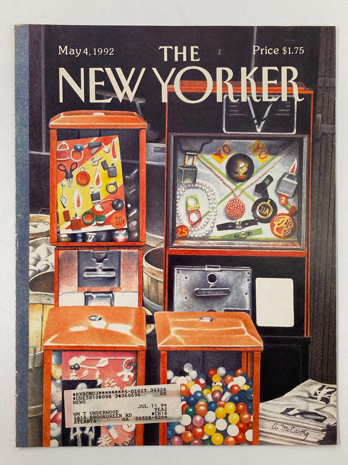 Cover only of The New Yorker, May 4 1992, illustrated by Ann McCarthy, showcasing a nostalgic scene with vending machines filled with various goods, including pearls and toys.