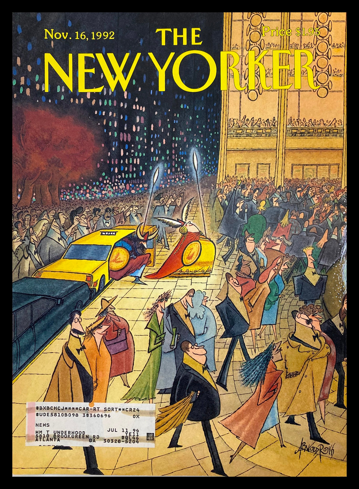 The New Yorker cover from November 16, 1992, titled 'Opening Night' by Arnold Roth, depicting a vibrant theater scene with a yellow taxi amidst a crowded street filled with elegantly dressed people.