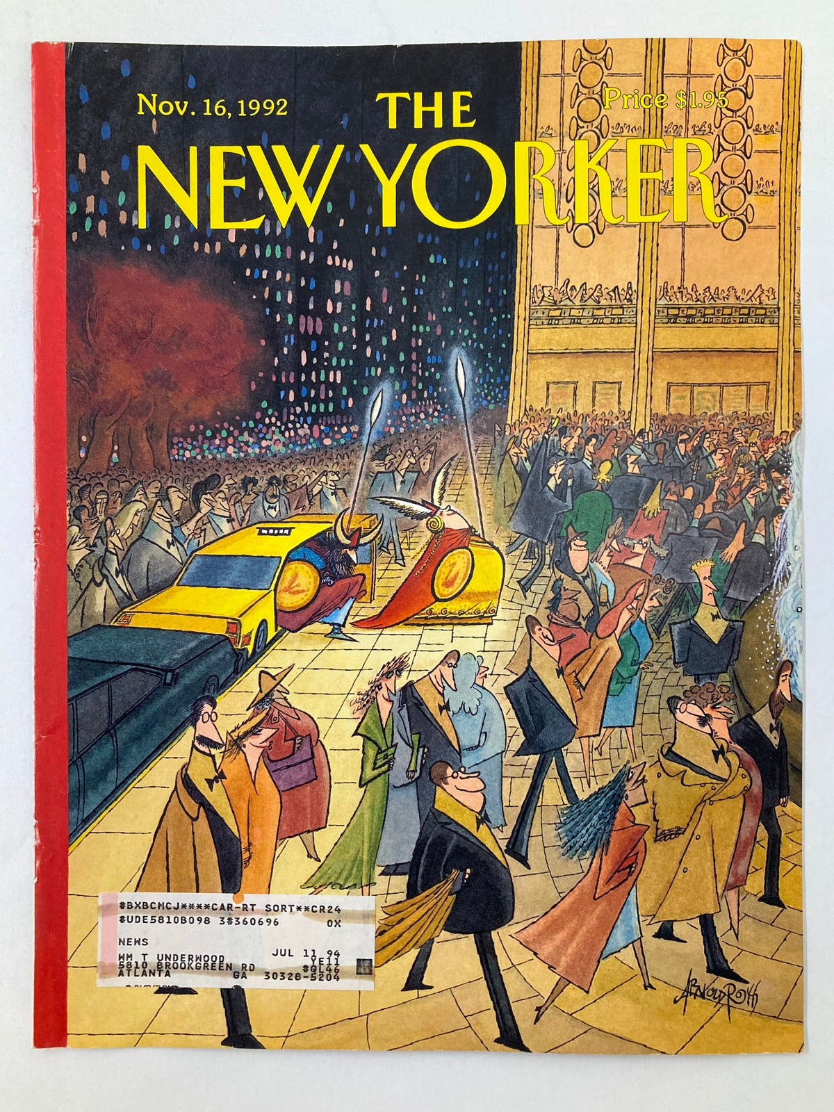 The New Yorker cover dated November 16, 1992, featuring 'Opening Night' artwork by Arnold Roth, showcasing a lively theater ambiance with a yellow cab and excited theatergoers.