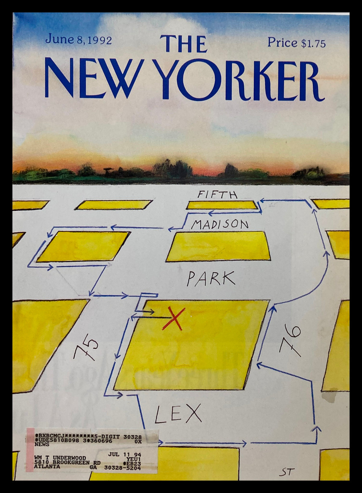 Cover of The New Yorker dated June 8, 1992, featuring artwork by Saul Steinberg depicting New York streets with labeled intersections such as Fifth, Madison, Park, and Lex.