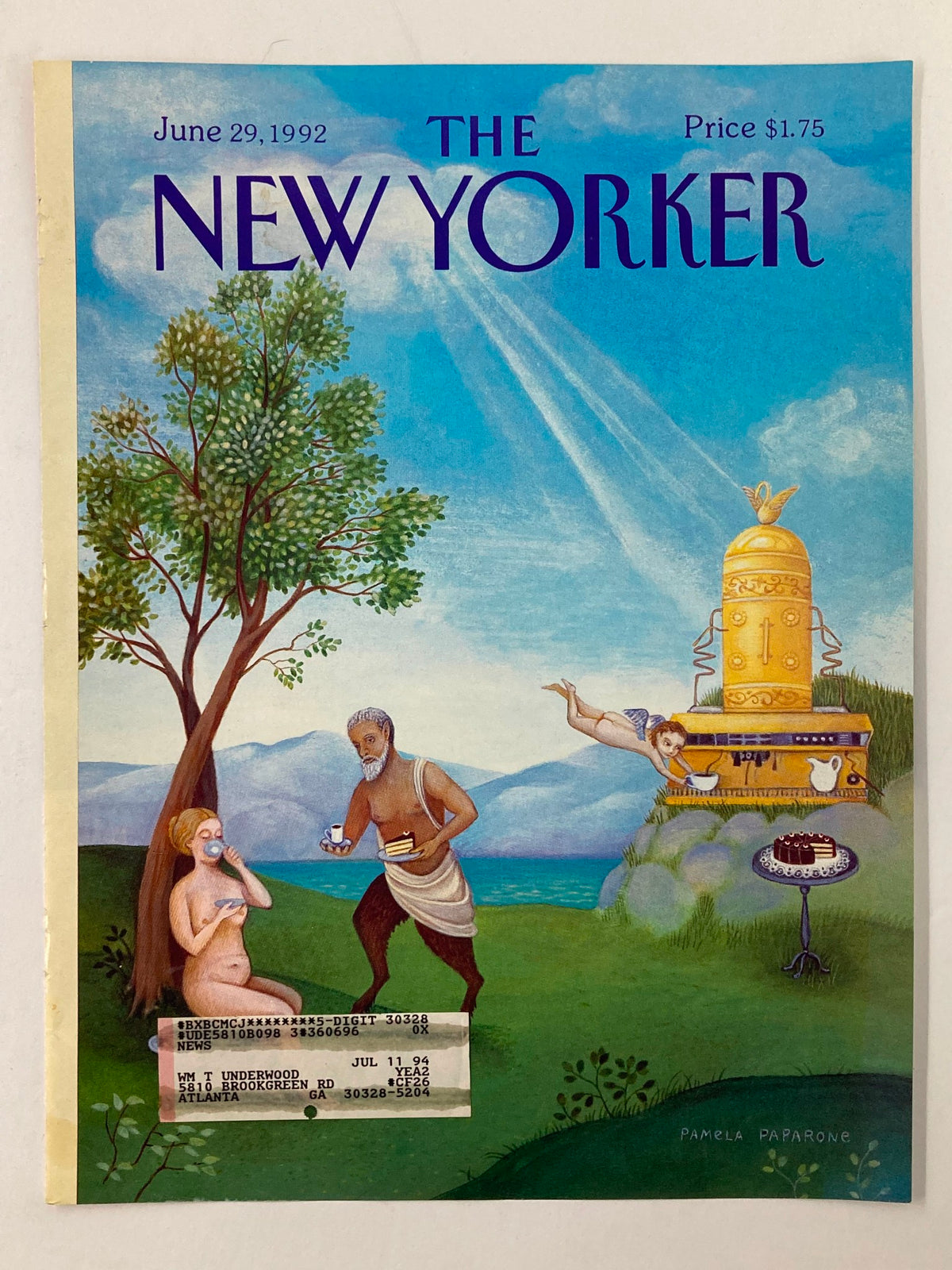 COVER ONLY The New Yorker June 29 1992 Adam and Eve by Pamela Paparone showcasing a colorful scene with Adam and Eve beside a tree, golden structure, and a blue background.