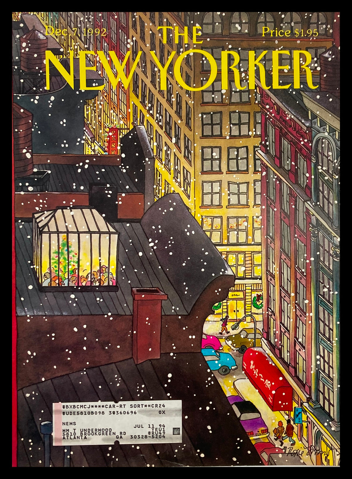 Cover of The New Yorker, December 7, 1992, titled 'Snowy Night' by Roxie Munro, showcasing a snowy city street scene with buildings, snowflakes, and pedestrians.