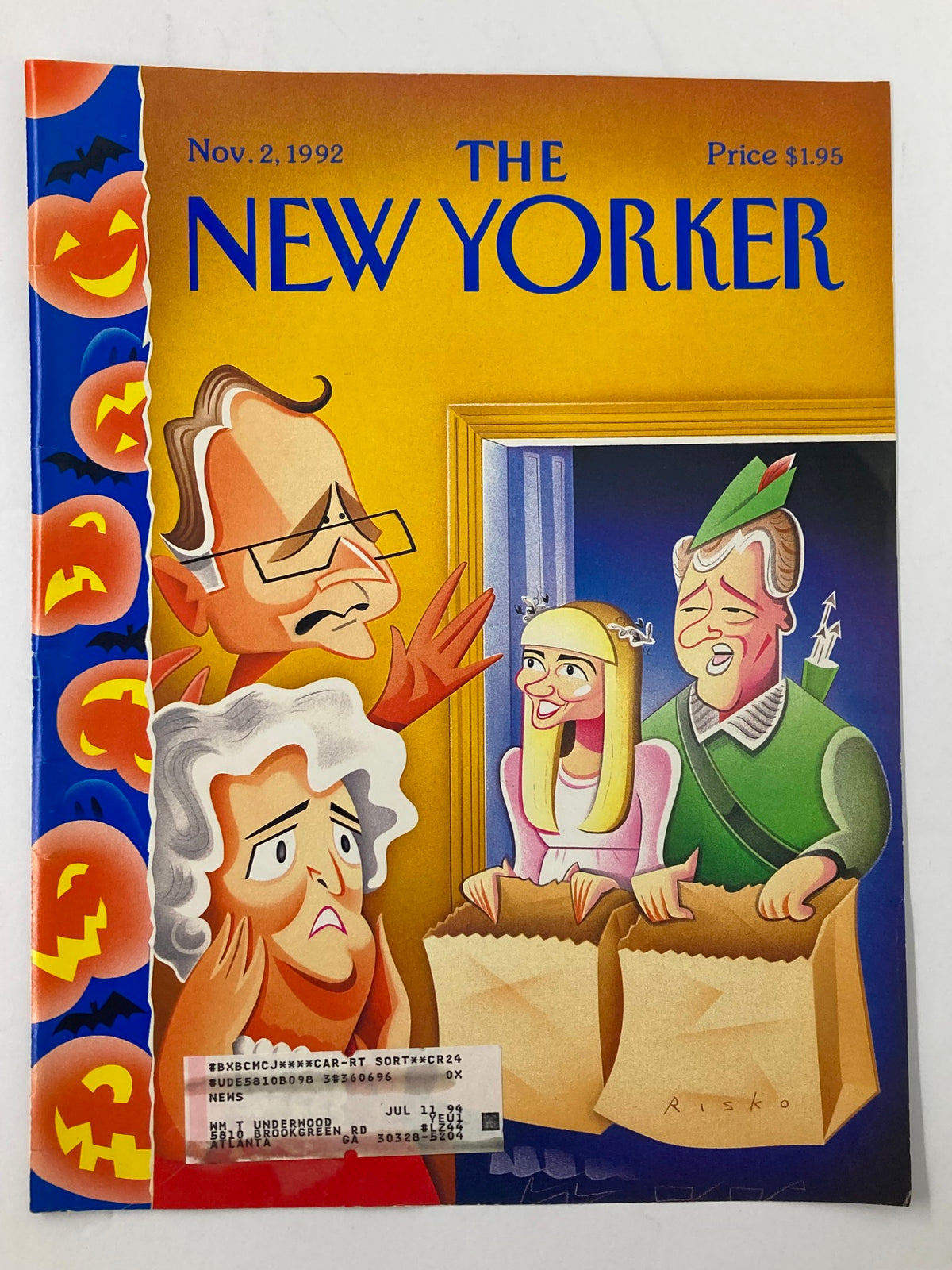 Cover art of The New Yorker, dated November 2, 1992, showcasing a colorful design with puppets illustrated by Robert Risko, amid Halloween motifs and playful expressions.