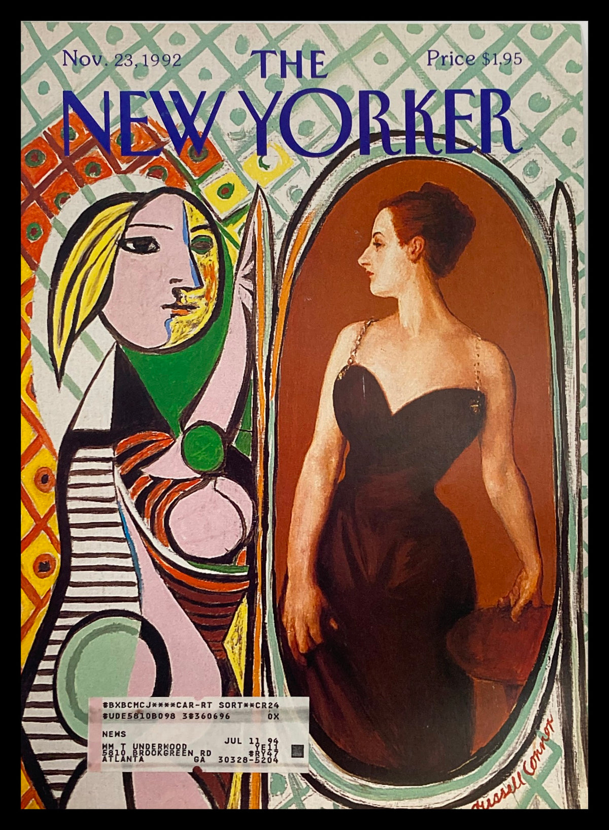 Cover of The New Yorker from November 23, 1992, titled 'Reflection' by Russell Connor. The artwork features a portrait of a woman dressed in black, framed by colorful abstract shapes, capturing a vintage aesthetic.