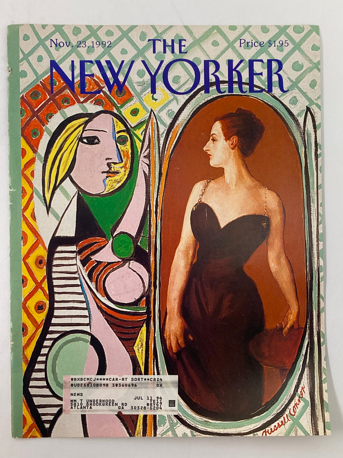 COVER ONLY The New Yorker November 23 1992, featuring the artwork "Reflection" by Russell Connor. The cover showcases a striking illustration with a woman in a black dress and abstract elements, suitable for framing and adding to a collection.