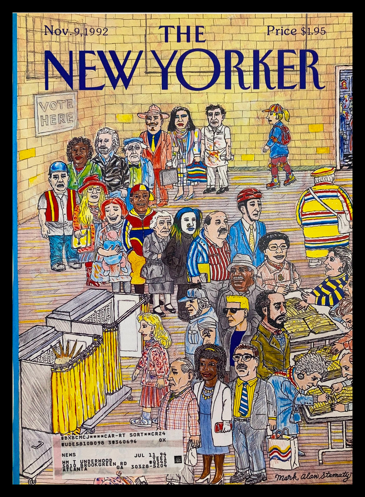 Cover of The New Yorker from November 9, 1992, titled 'Vote Here' by Mark Allan Stamaty, featuring a colorful illustration of diverse people in a voting scene.