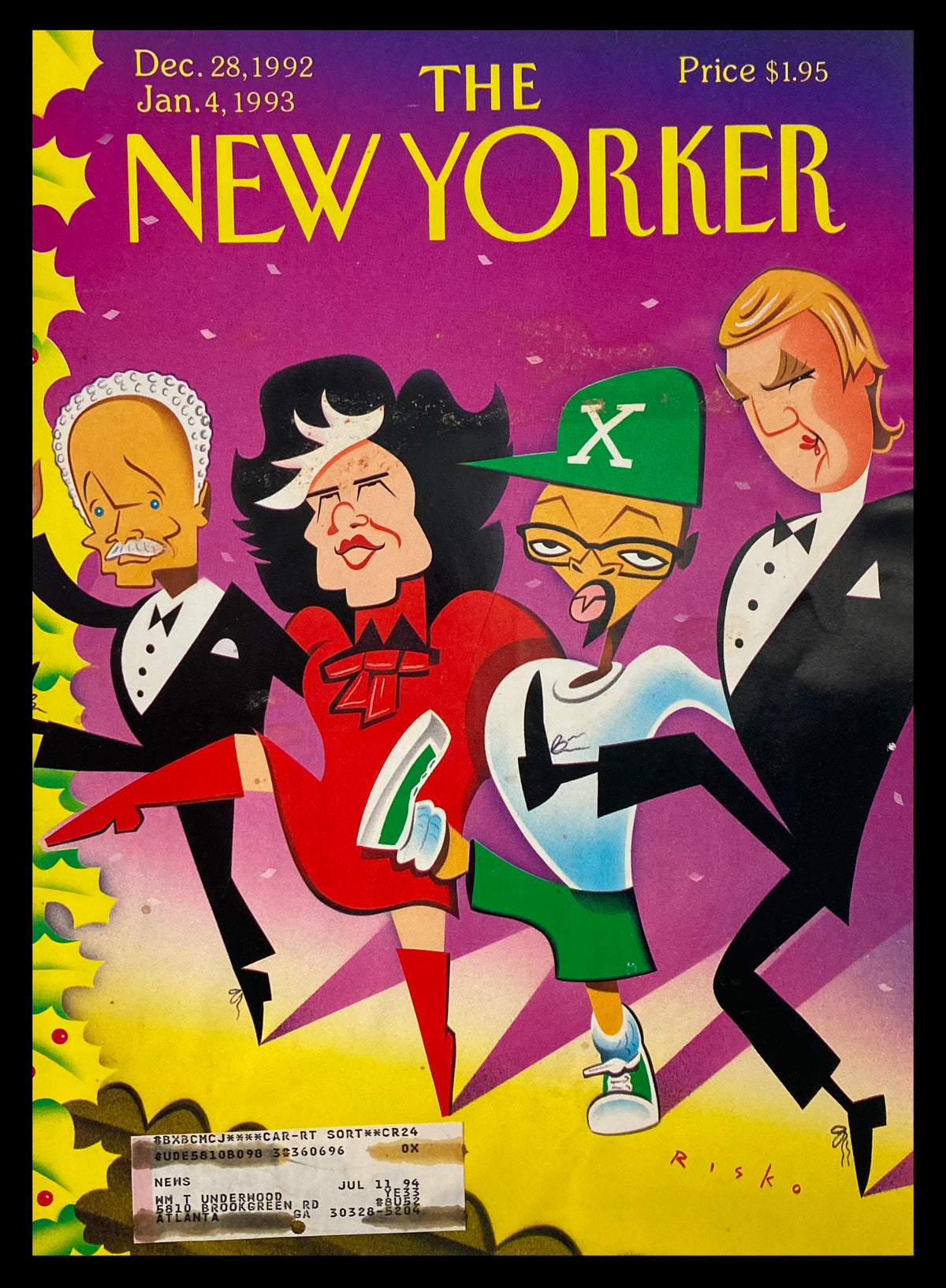 The New Yorker cover from December 28, 1992, featuring a Broadway show illustration by Robert Risko, showcasing colorful characters in a festive scene.