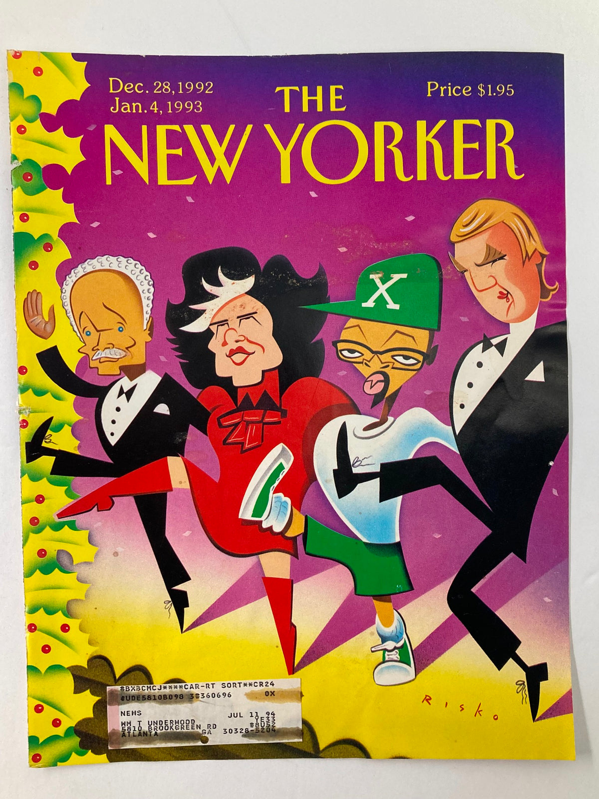 The New Yorker cover dated December 28, 1992, illustrated by Robert Risko, depicting vibrant characters celebrating Broadway with a colorful and lively design.