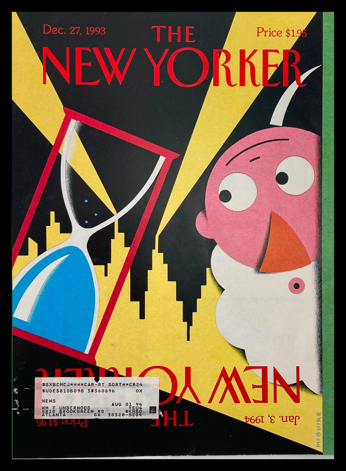Cover of The New Yorker dated December 27, 1993, featuring the whimsical 'Happy New Year' illustration by Richard McGuire, showcasing vibrant colors and playful design elements.
