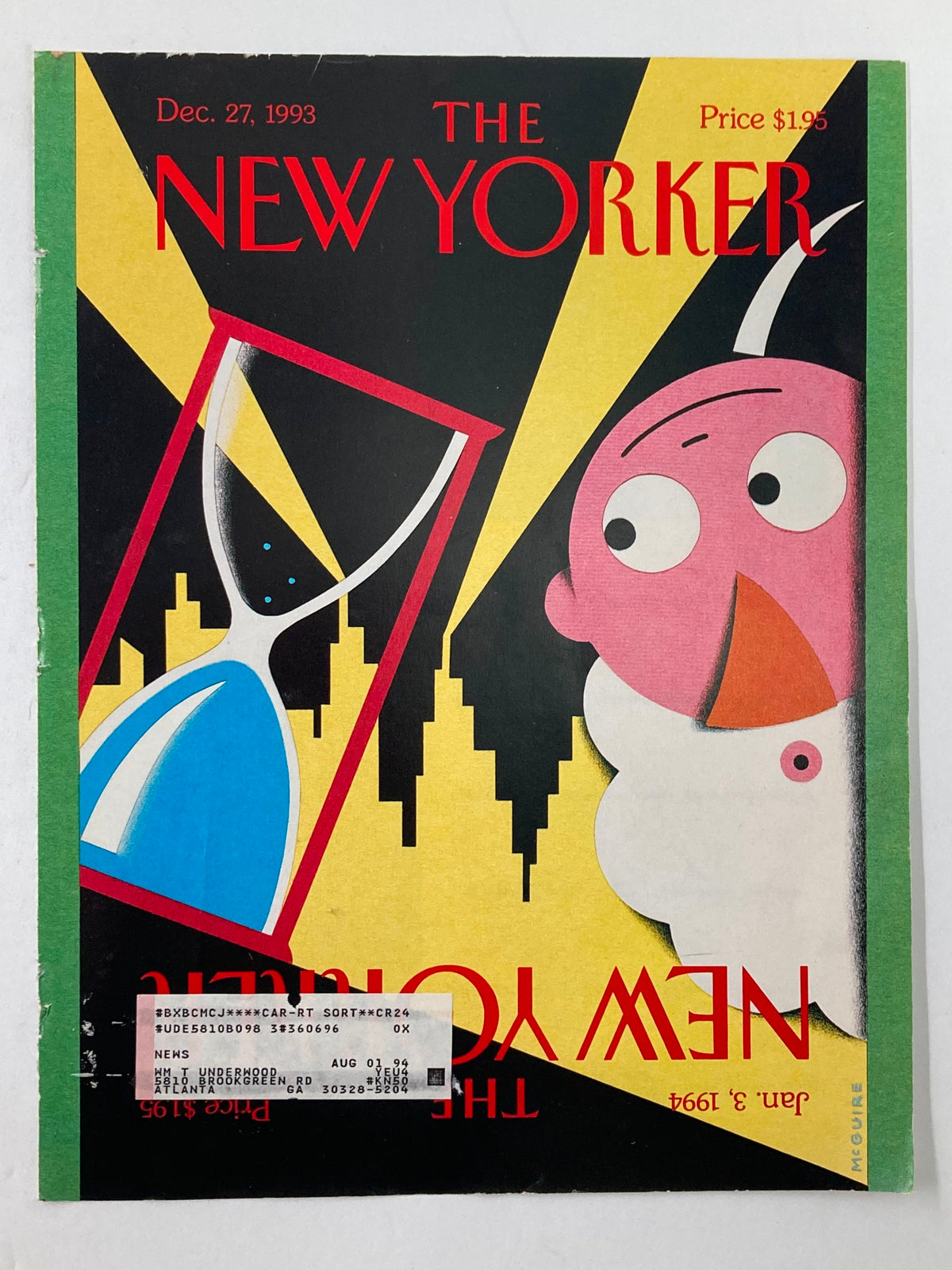 Cover of The New Yorker dated December 27, 1993, featuring the 'Happy New Year' illustration by Richard McGuire, showcasing colorful graphics and whimsical design elements, perfect for collectors and art enthusiasts.