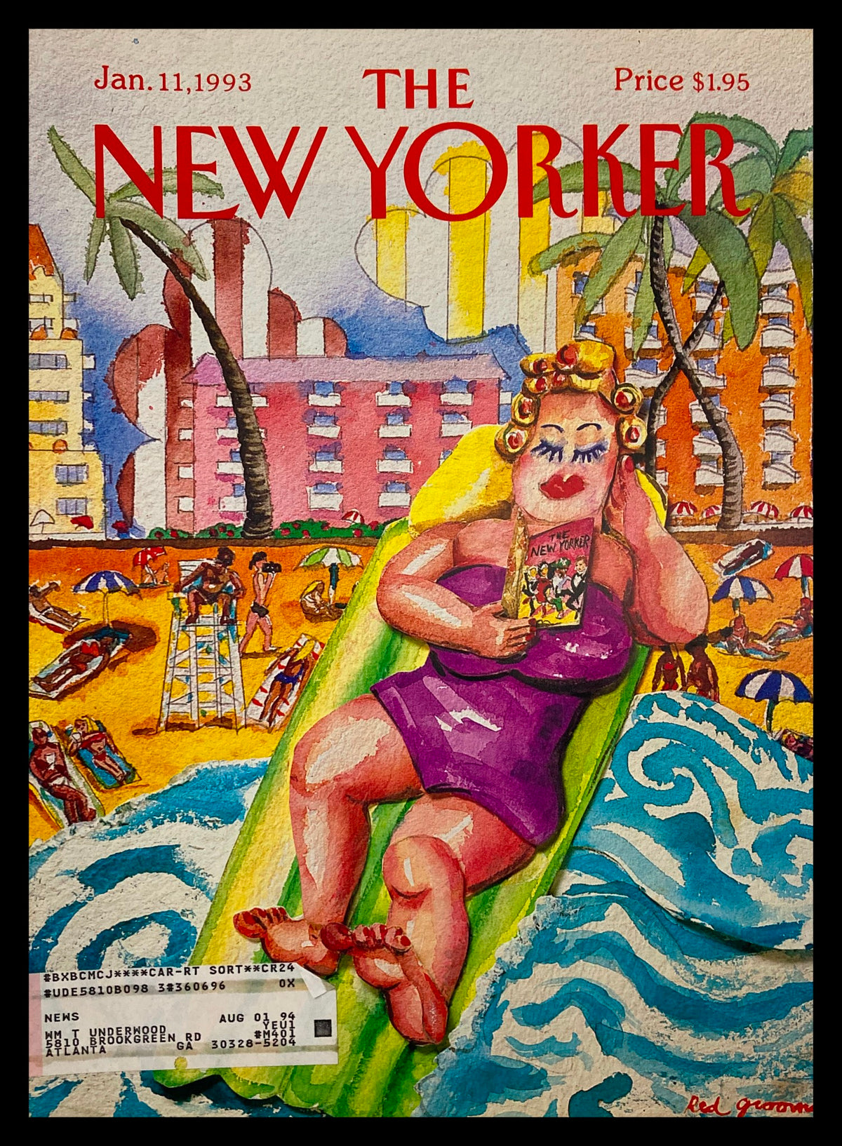 Cover of The New Yorker from January 11, 1993, featuring vibrant artwork titled 'Tidal Waves' by Red Grooms, depicting a woman on a beach chair reading a magazine, surrounded by beachgoers and palm trees.
