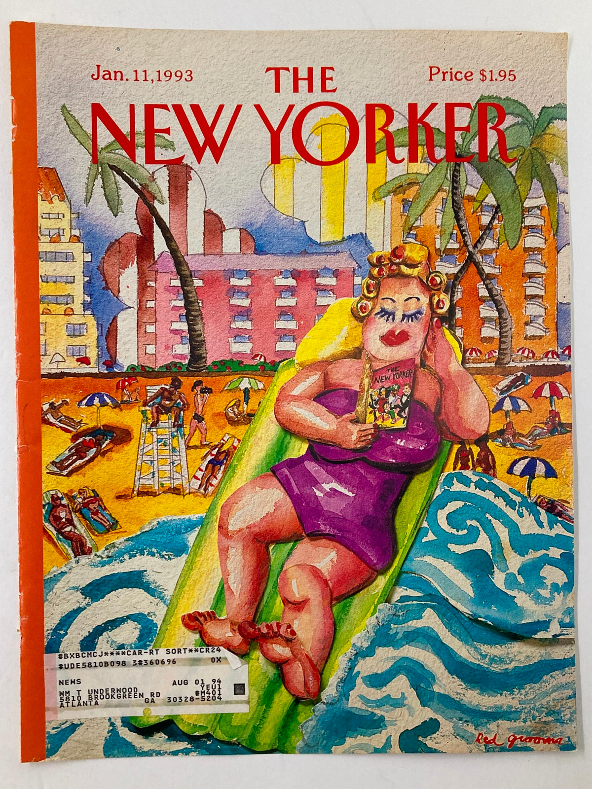 Cover of The New Yorker January 11, 1993, showcasing 'Tidal Waves' art by Red Grooms, depicting a curvaceous woman in a purple swimsuit lounging on a surfboard, with a lively beach scene in the background.