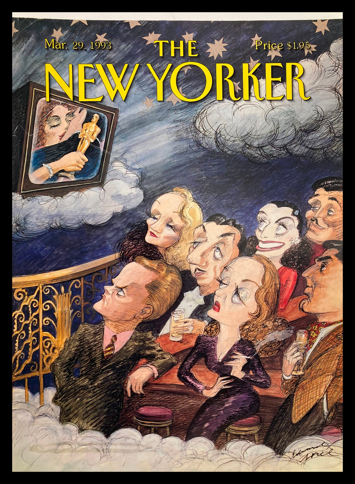 Cover of The New Yorker dated March 29, 1993 featuring the artwork 'Starry Night' by Edward Sorel, depicting a glamorous audience watching an award presentation, themed with intricate details and vibrant colors.