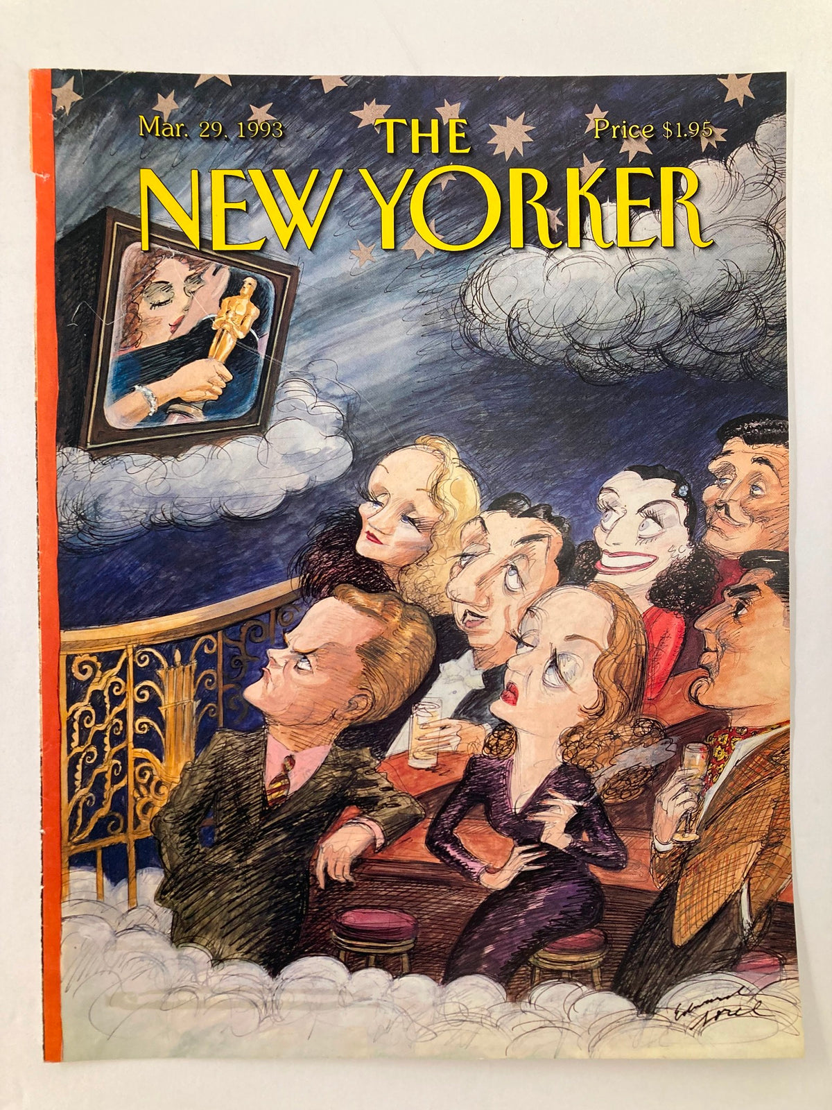 Close-up image of the March 29, 1993 cover of The New Yorker, showcasing 'Starry Night' by illustrator Edward Sorel, with characters in formal attire captivated by an award ceremony.