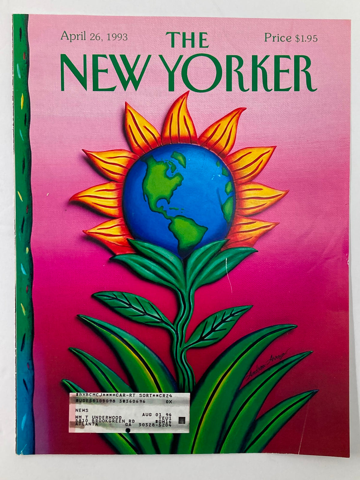 COVER ONLY The New Yorker April 26 1993 Earth Day by Andrea Arroyo showcasing a colorful flower design with the globe at its core, emphasizing Earth Day themes.